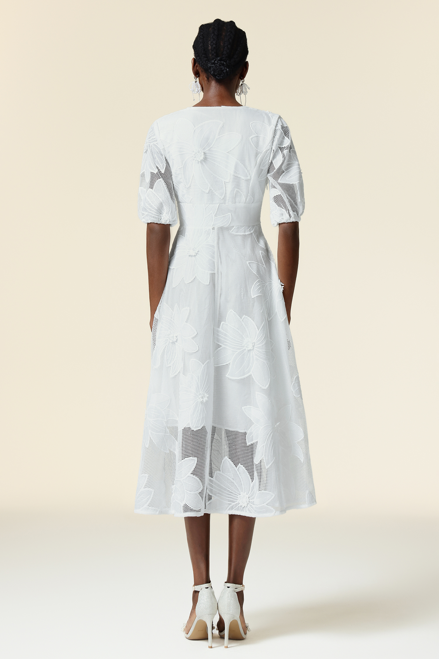 Loru Deep-V Puff Sleeve Bowknot Lace Maxi Dress