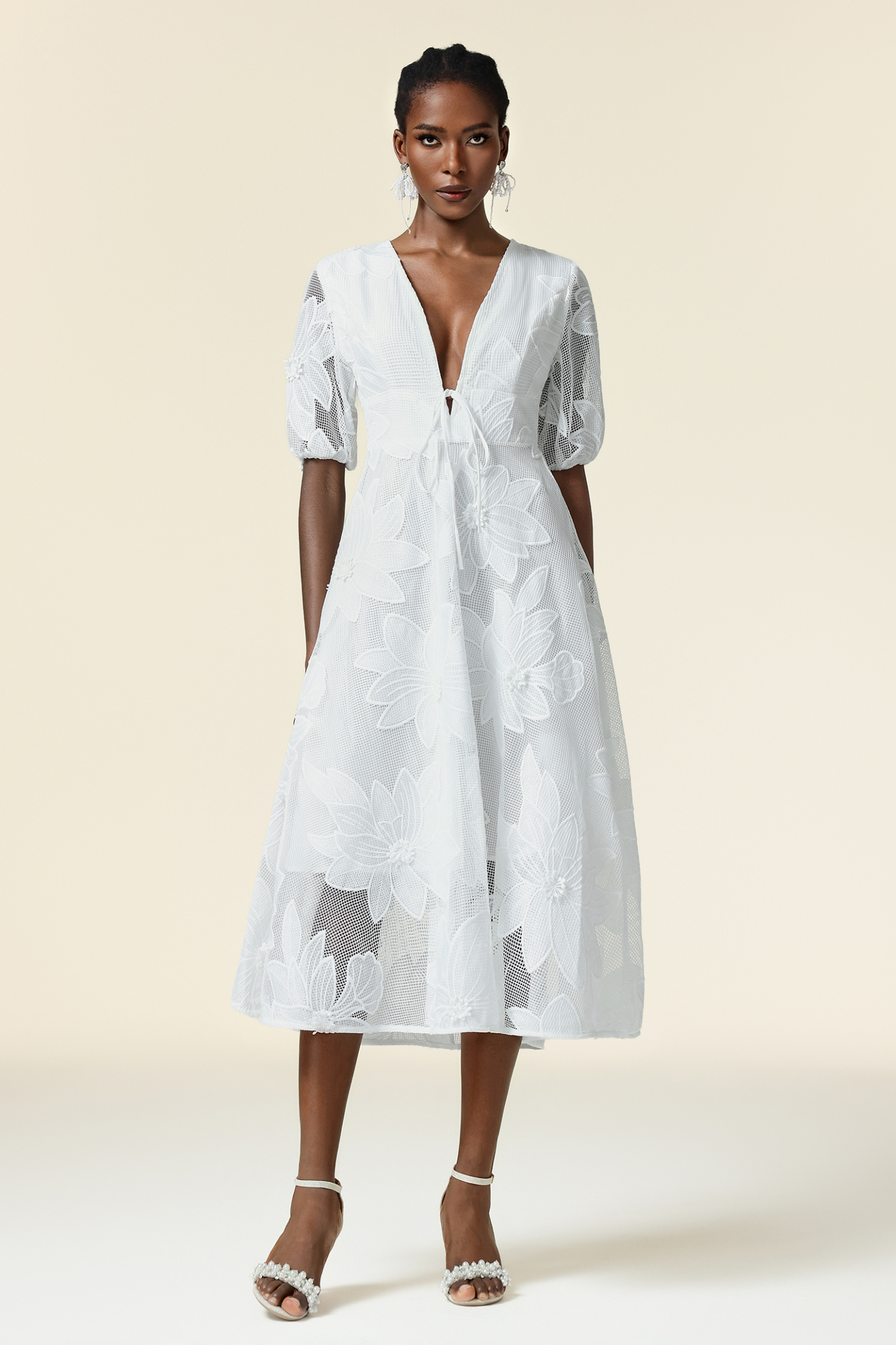 Loru Deep-V Puff Sleeve Bowknot Lace Maxi Dress