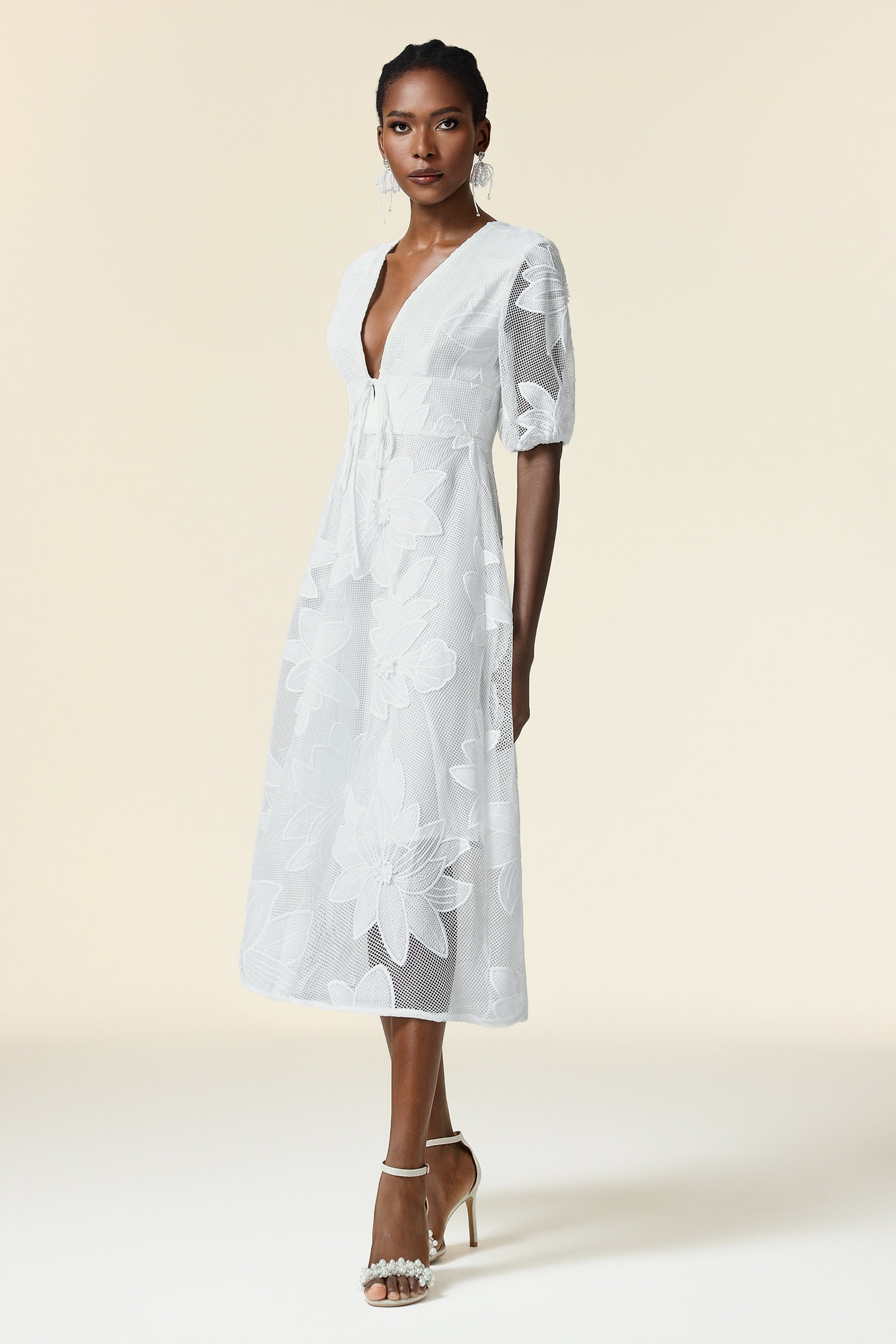 Loru Deep-V Puff Sleeve Bowknot Lace Maxi Dress