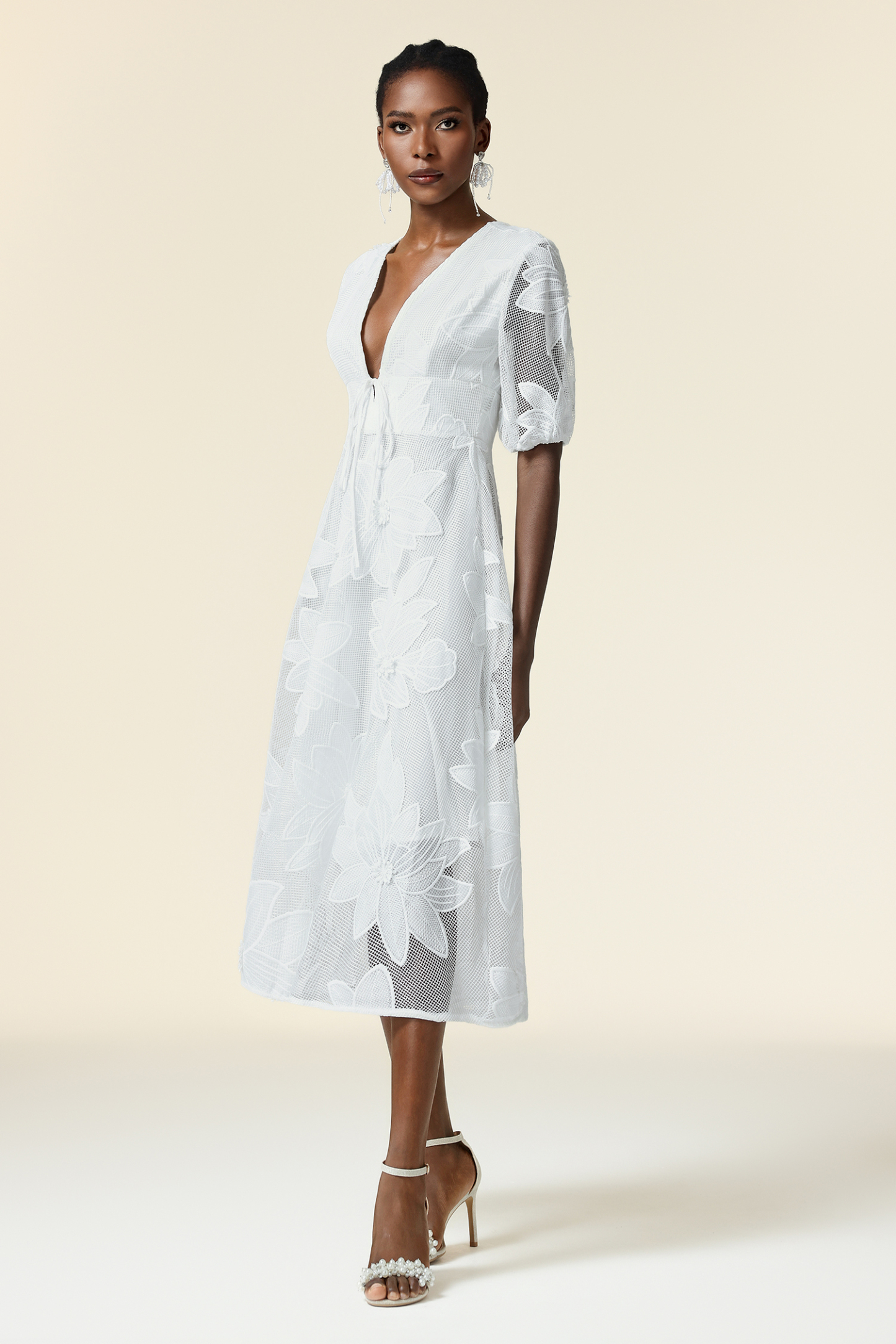 Loru Deep-V Puff Sleeve Bowknot Lace Maxi Dress