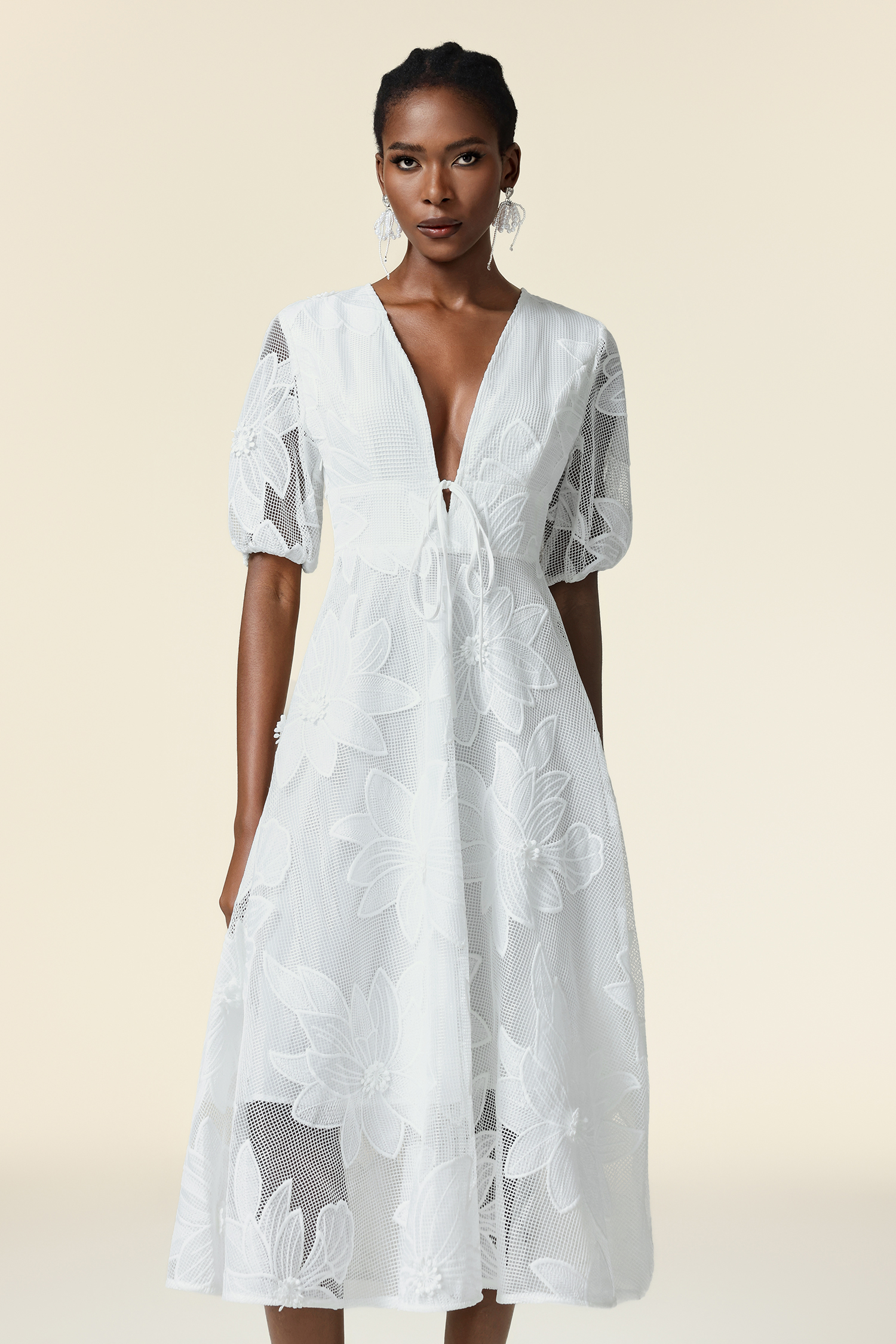 Loru Deep-V Puff Sleeve Bowknot Lace Maxi Dress