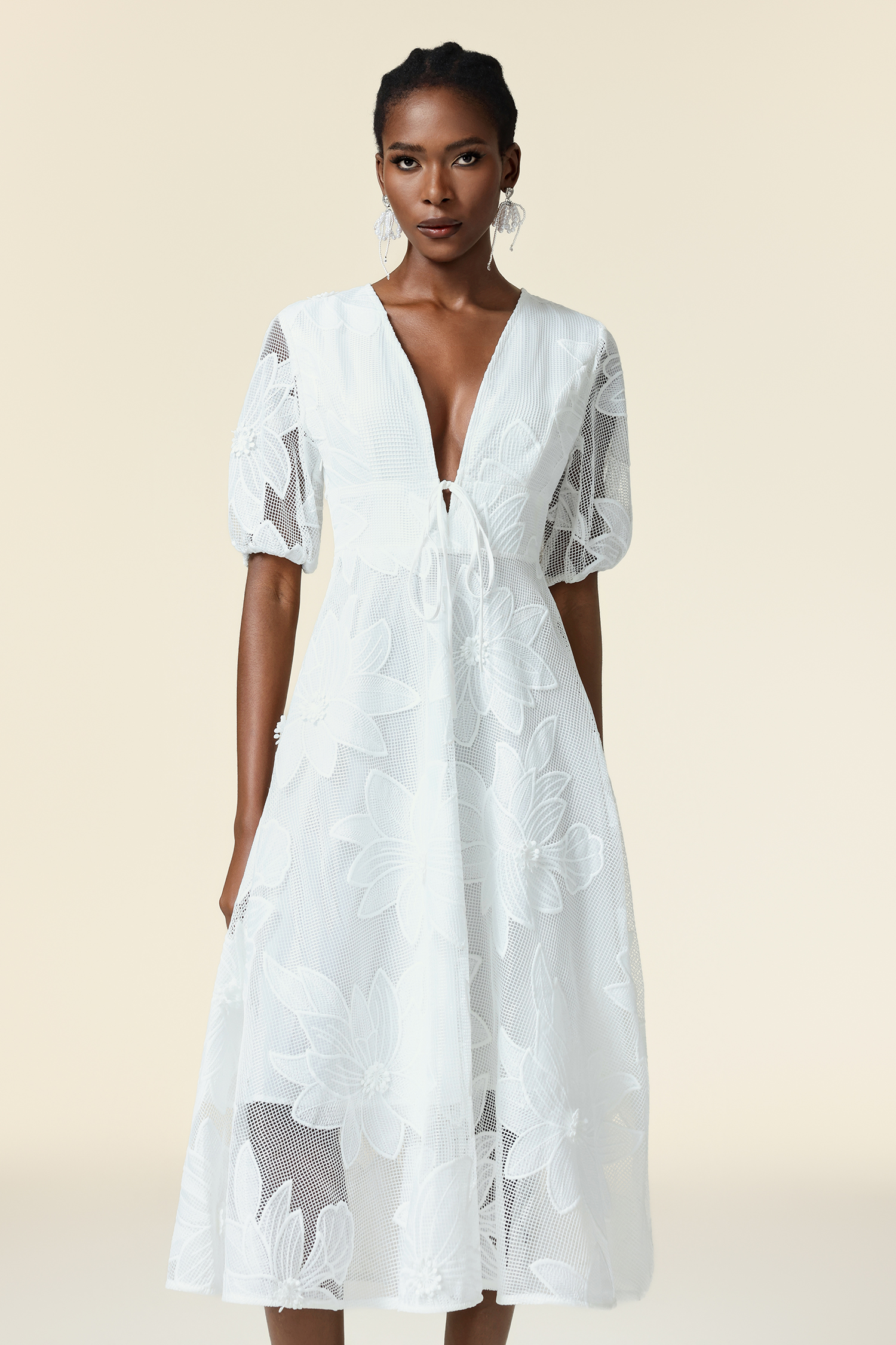 Loru Deep-V Puff Sleeve Bowknot Lace Maxi Dress – Bellabarnett