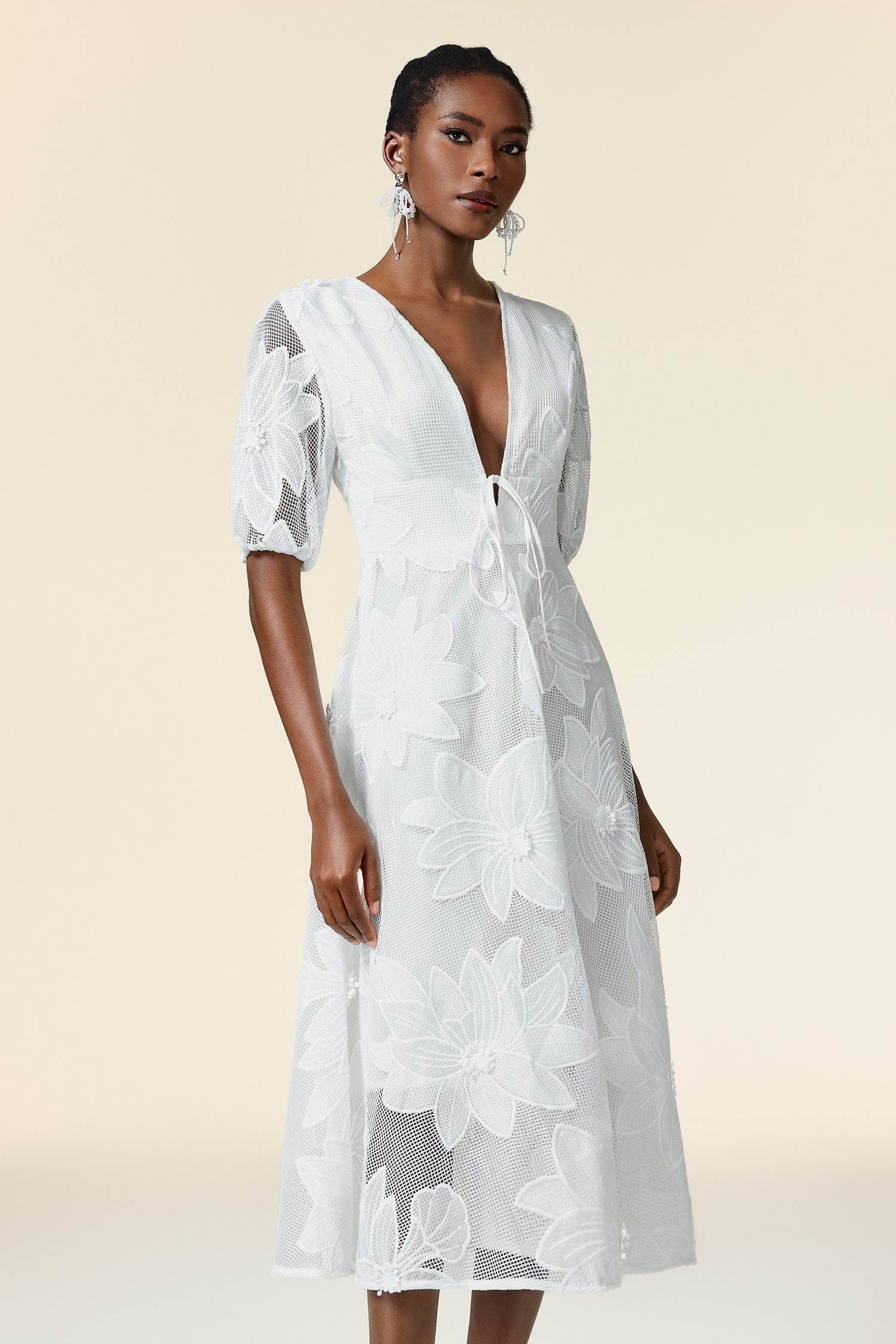 Loru Deep-V Puff Sleeve Bowknot Lace Maxi Dress