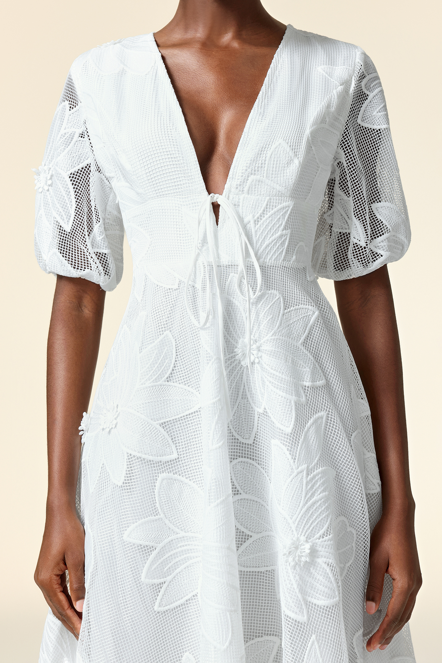 Loru Deep-V Puff Sleeve Bowknot Lace Maxi Dress