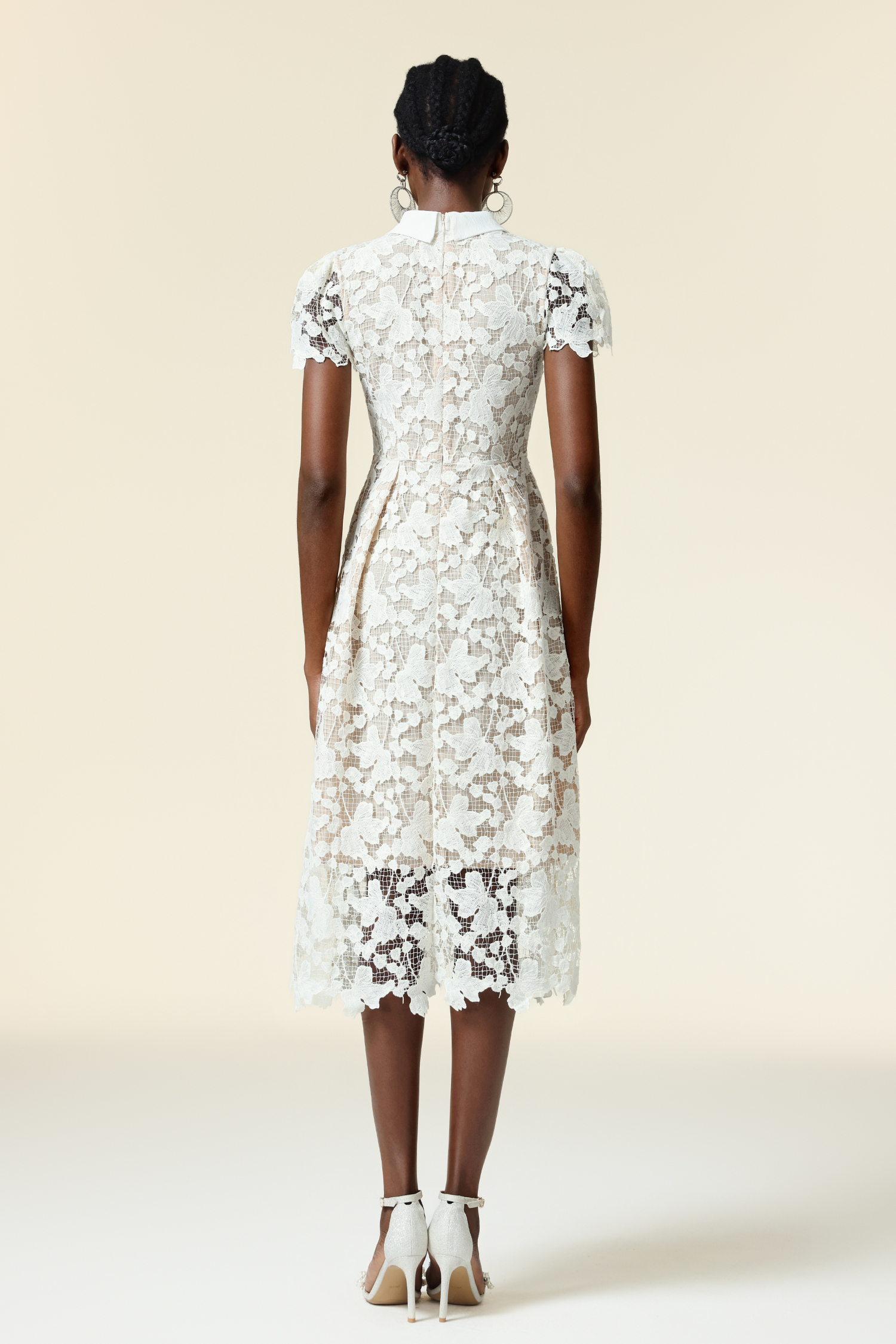 Winola Lapel Short Sleeves Lace Flowers Butterfly Folds Midi Dress