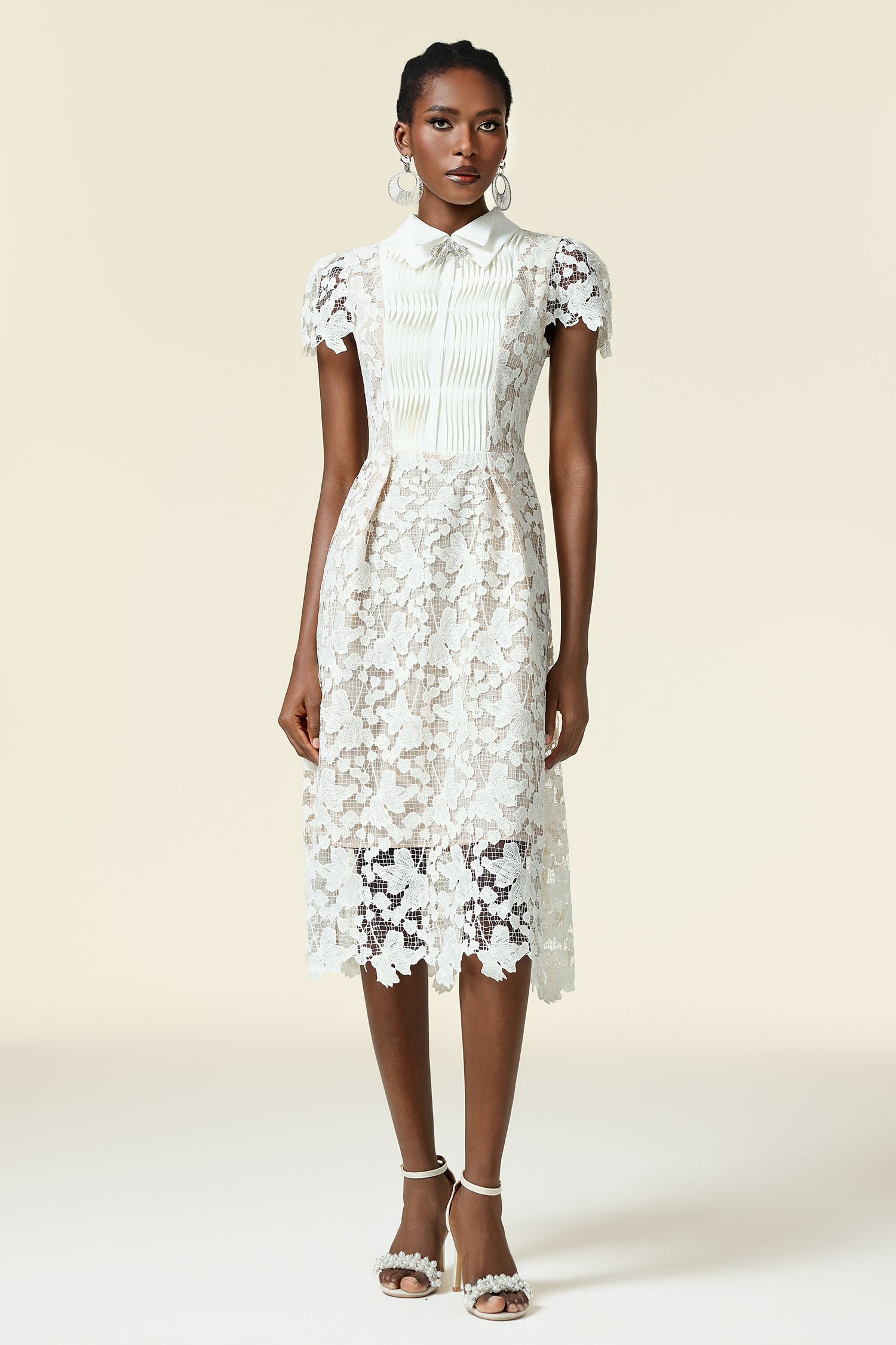 Winola Lapel Short Sleeves Lace Flowers Butterfly Folds Midi Dress