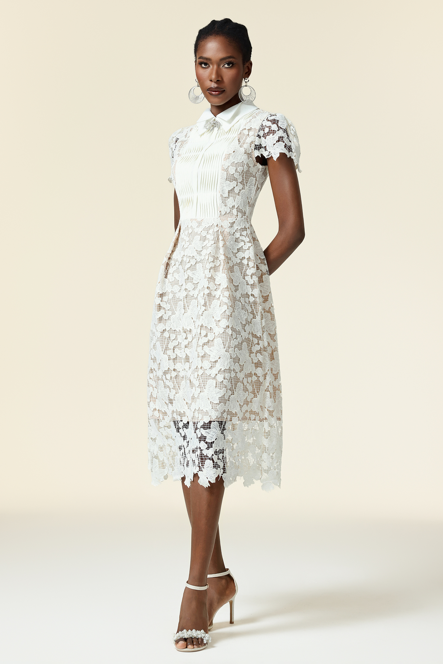 Winola Lapel Short Sleeves Lace Flowers Butterfly Folds Midi Dress