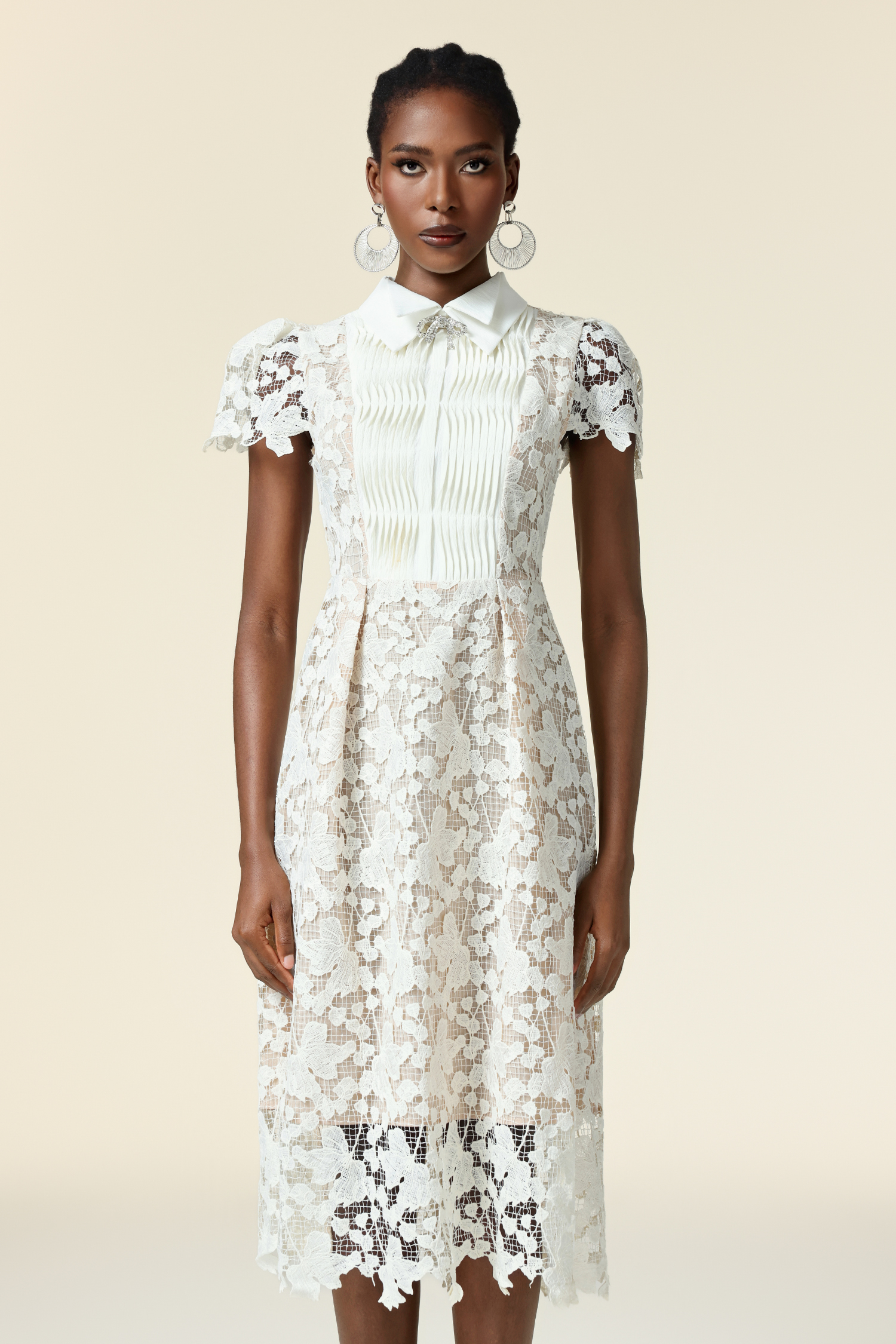 Winola Lapel Short Sleeves Lace Flowers Butterfly Folds Midi Dress