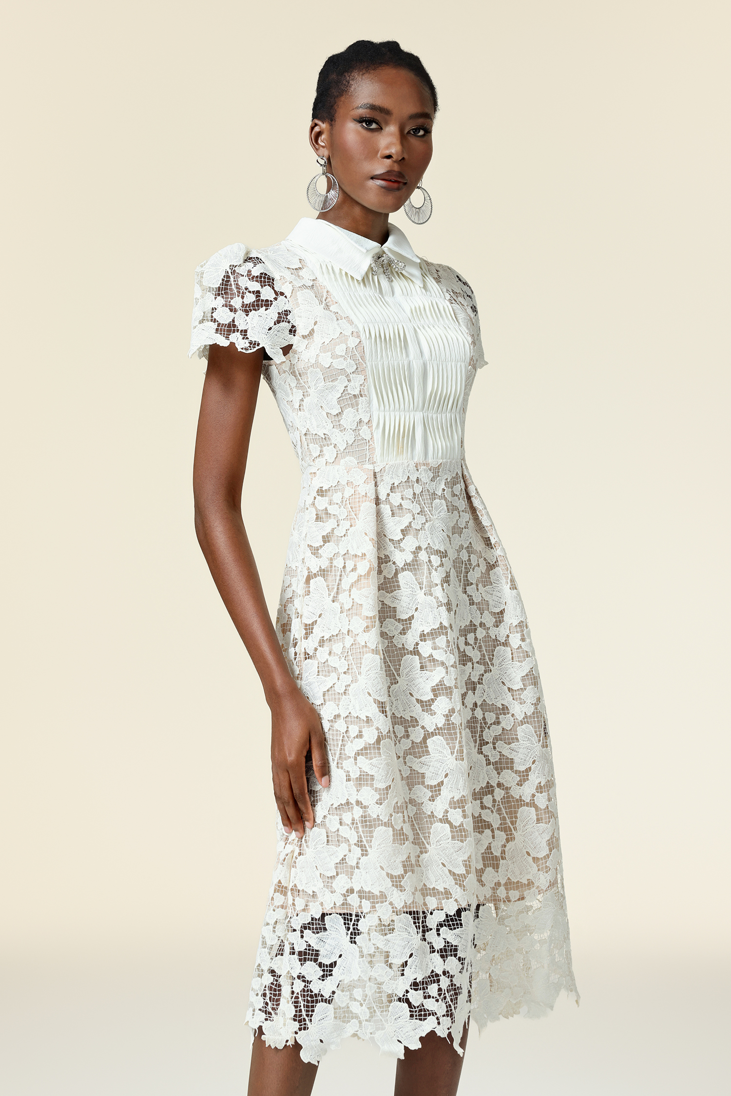 Winola Lapel Short Sleeves Lace Flowers Butterfly Folds Midi Dress