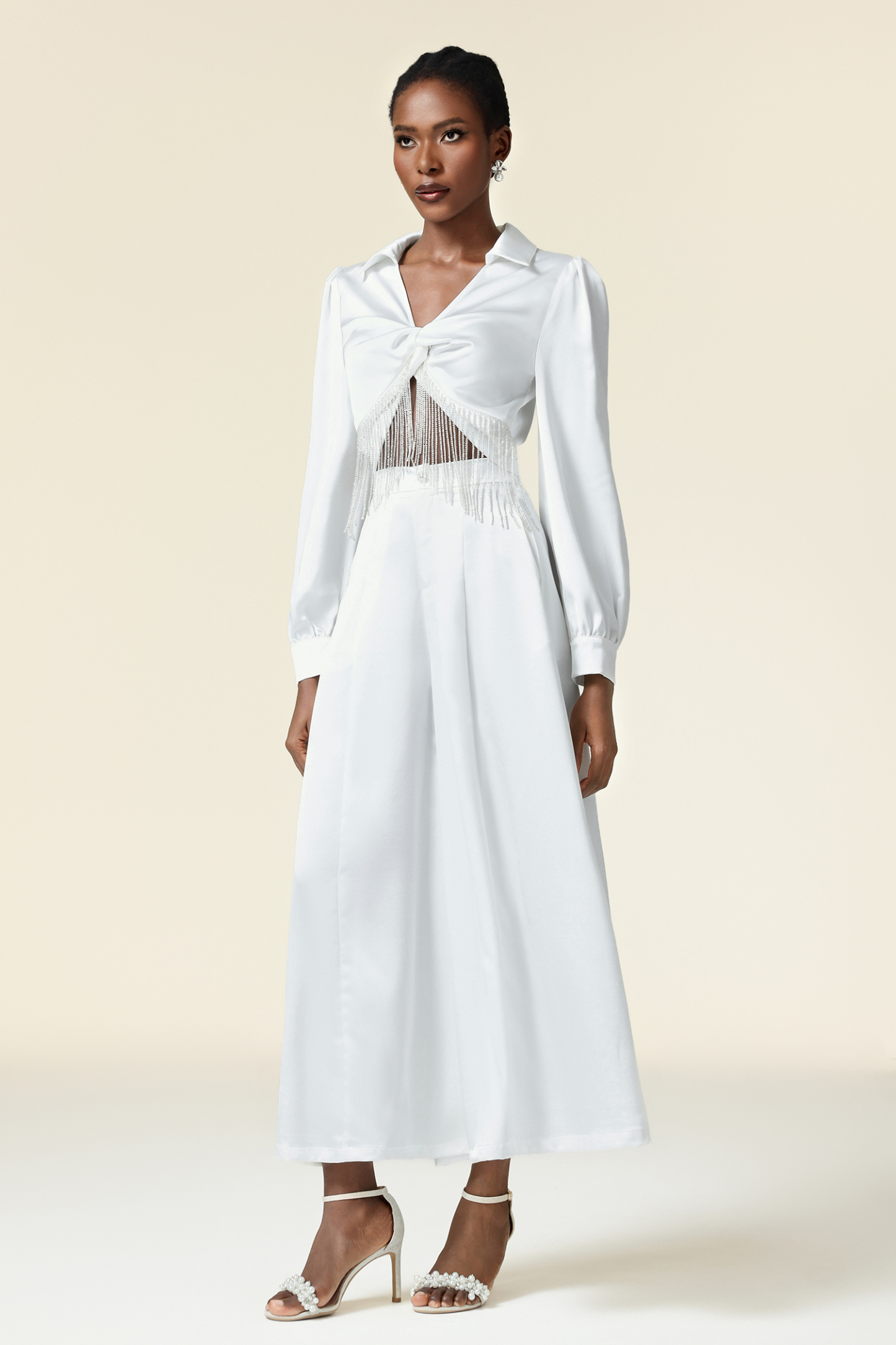 Naomi Lapel Long Sleeves Tassels Top And Pants Two-Piece Set