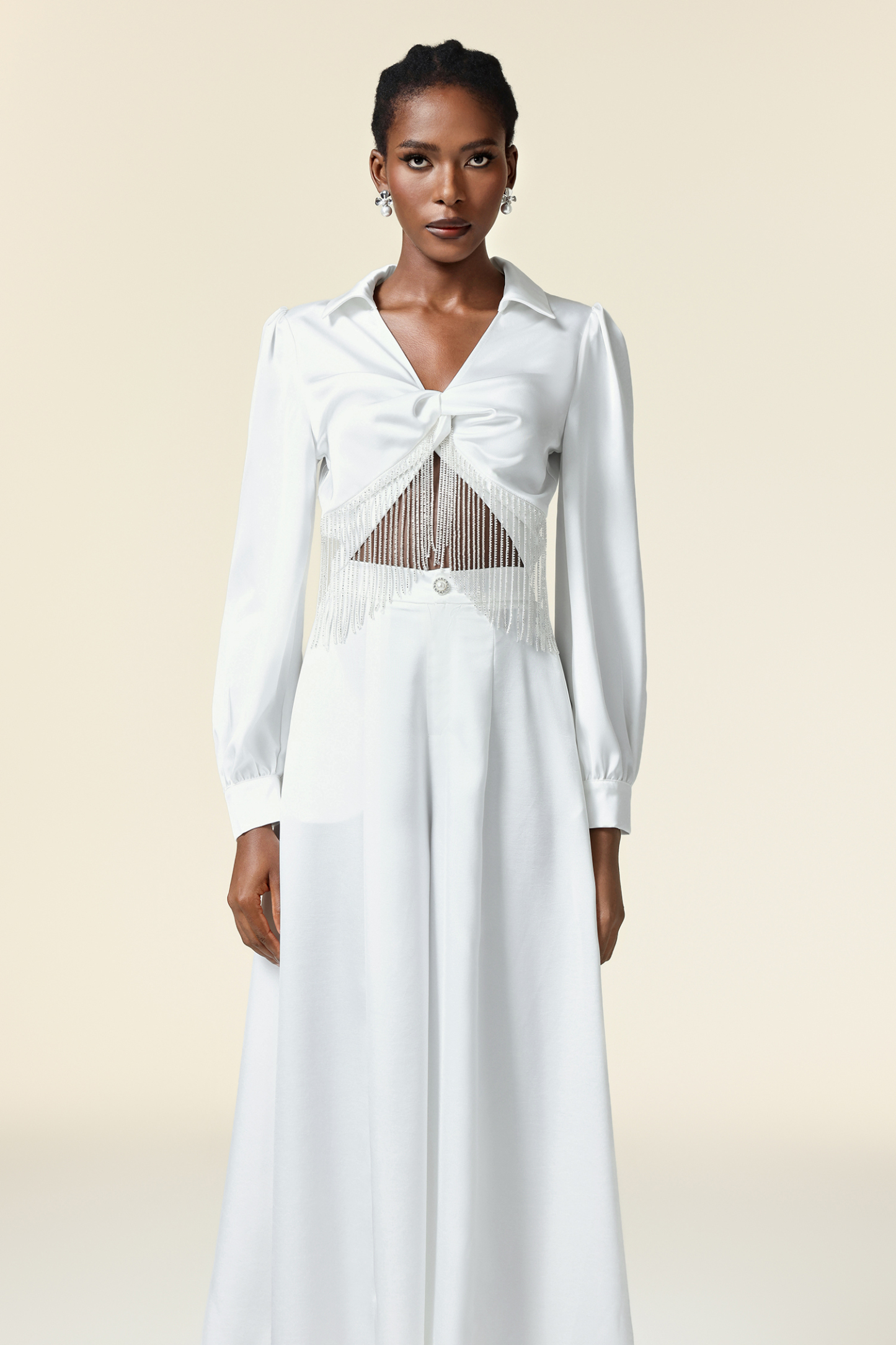 Naomi Lapel Long Sleeves Tassels Top And Pants Two-Piece Set