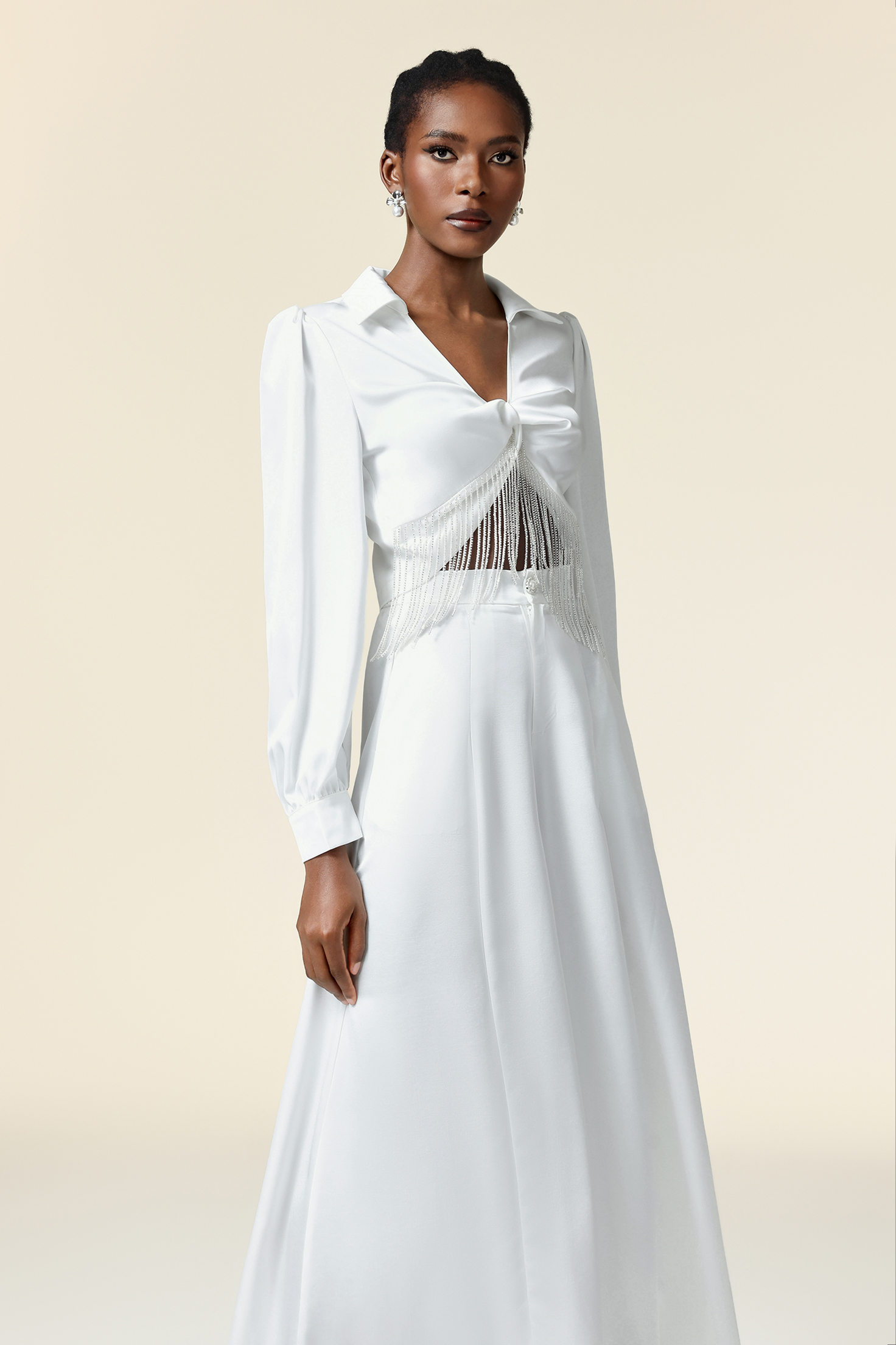 Naomi Lapel Long Sleeves Tassels Top And Pants Two-Piece Set