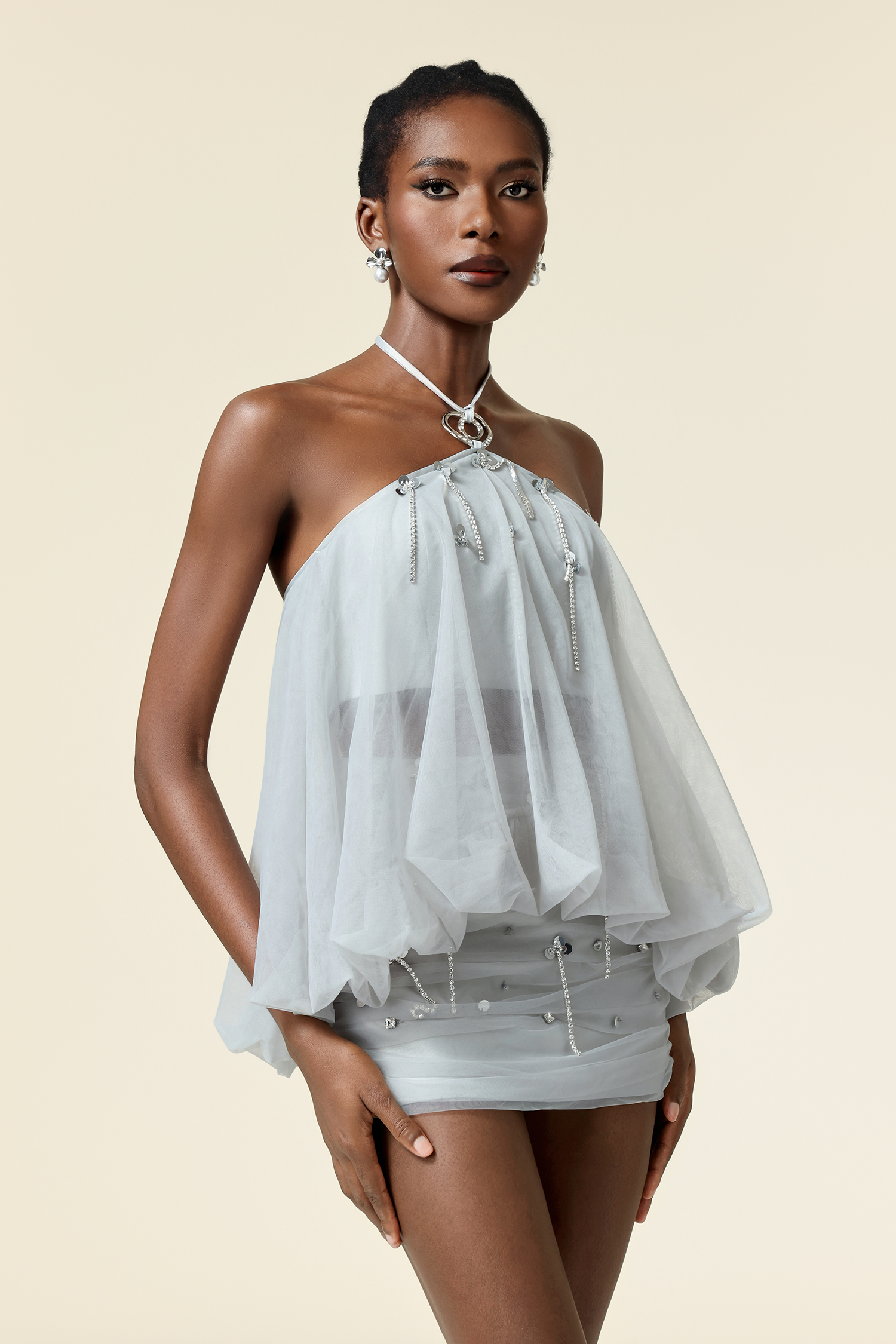 Halasa Sleeveless Sequin Tassels Folds Top And Skirt Two-Piece Set