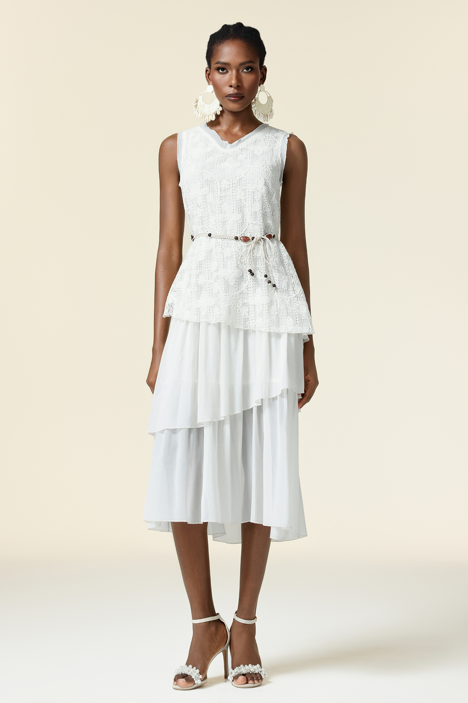 Edie V-Neck Lace Folds Midi Dress