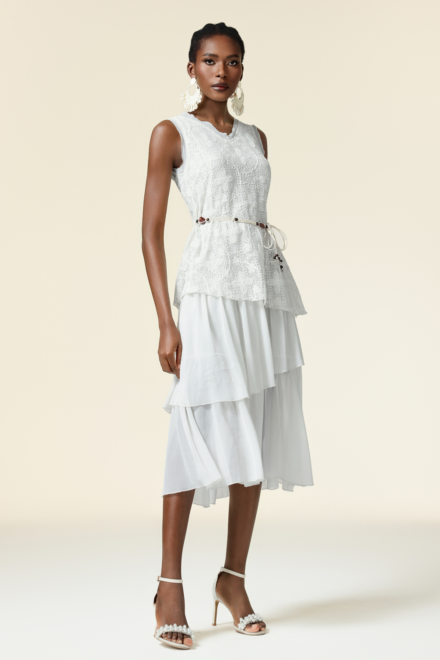 Edie V-Neck Lace Folds Midi Dress