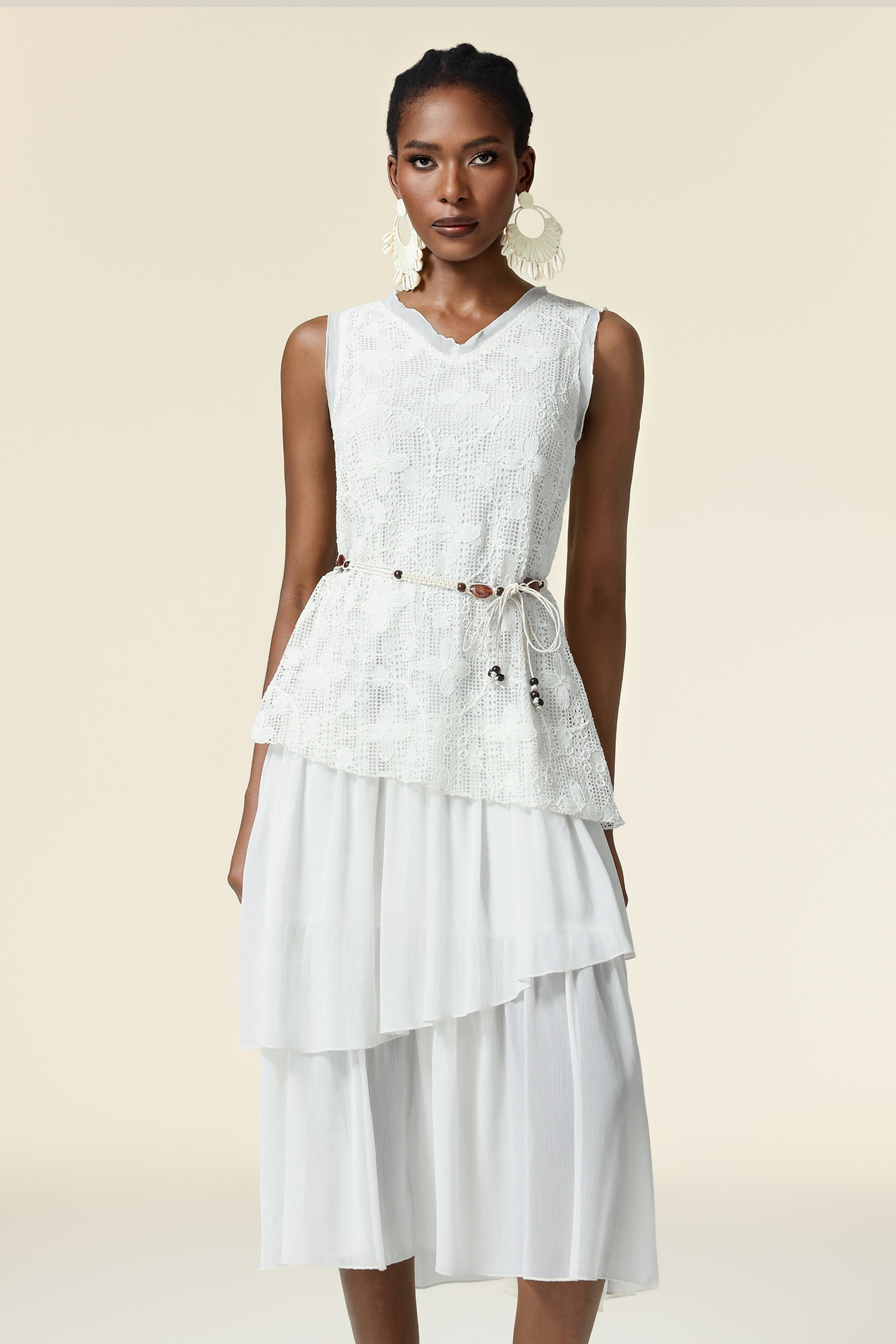 Edie V-Neck Lace Folds Midi Dress