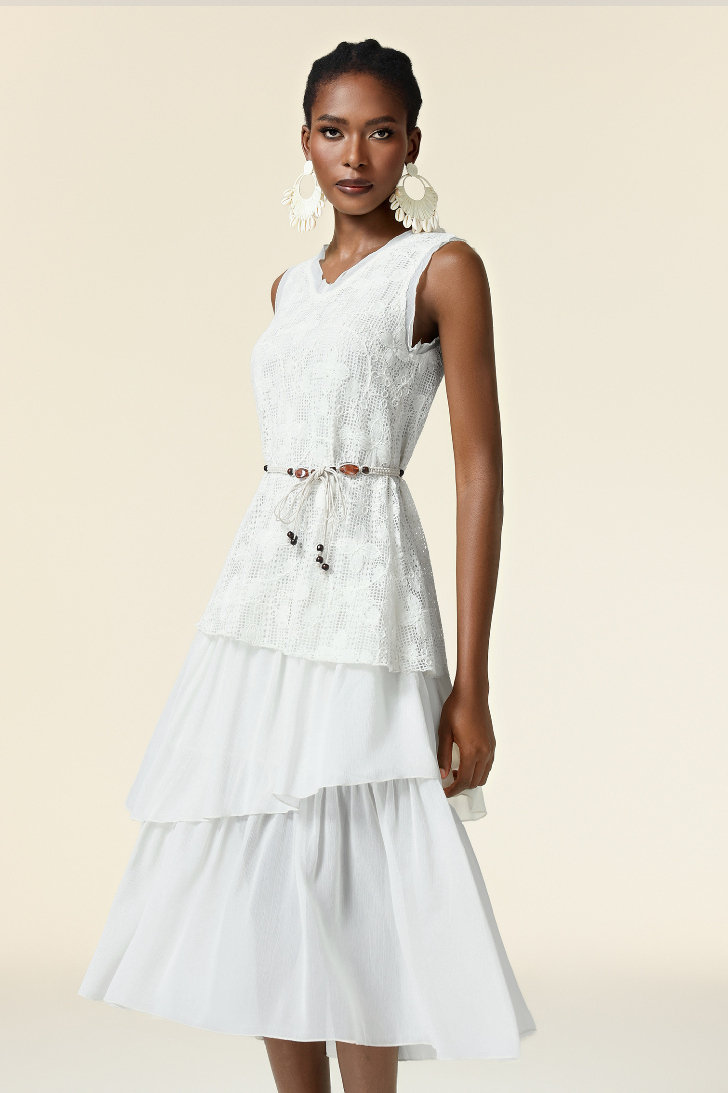 Edie V-Neck Lace Folds Midi Dress