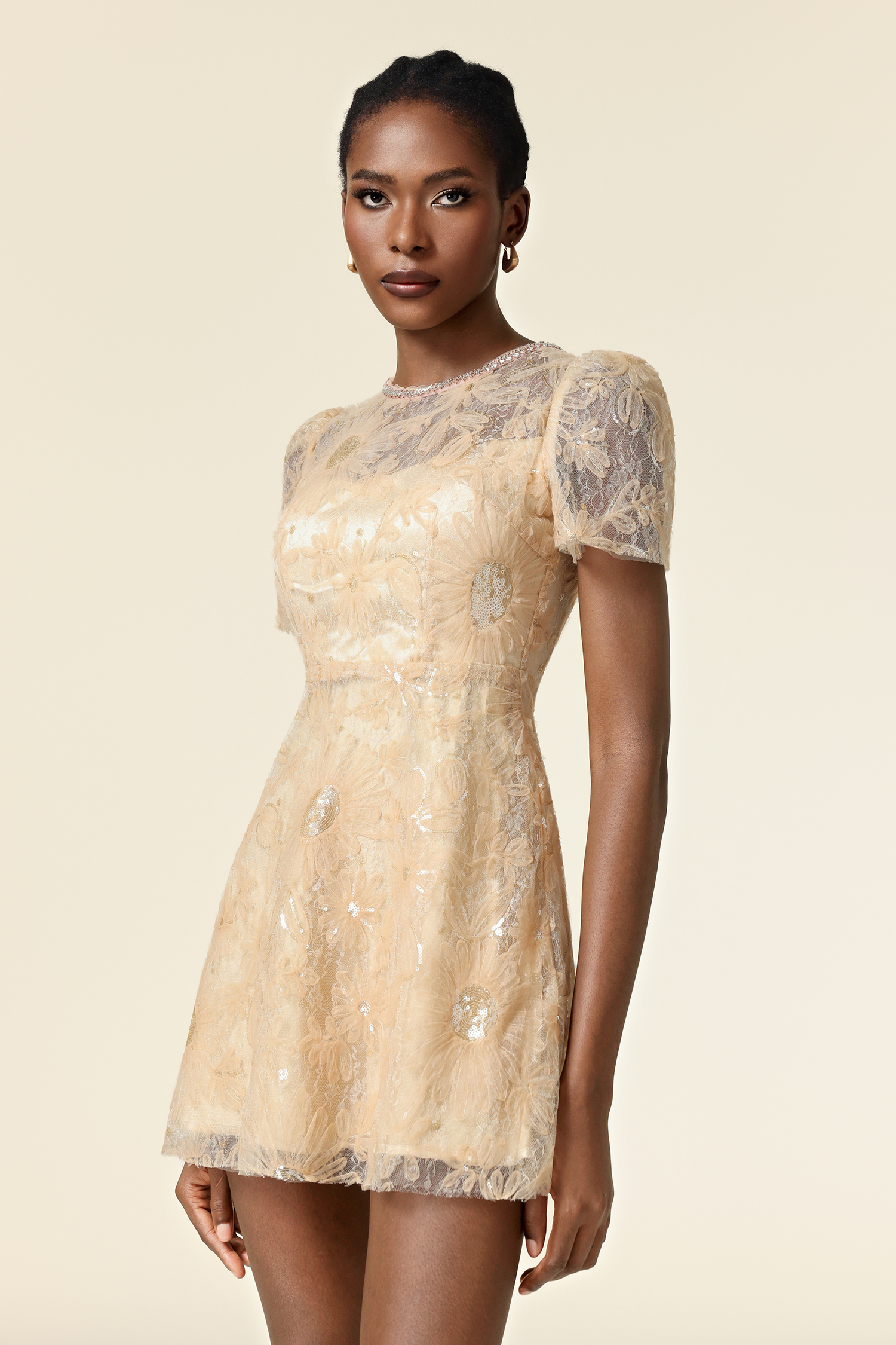 Grinin Round Neck Short Sleeves Flowers Mini Dress