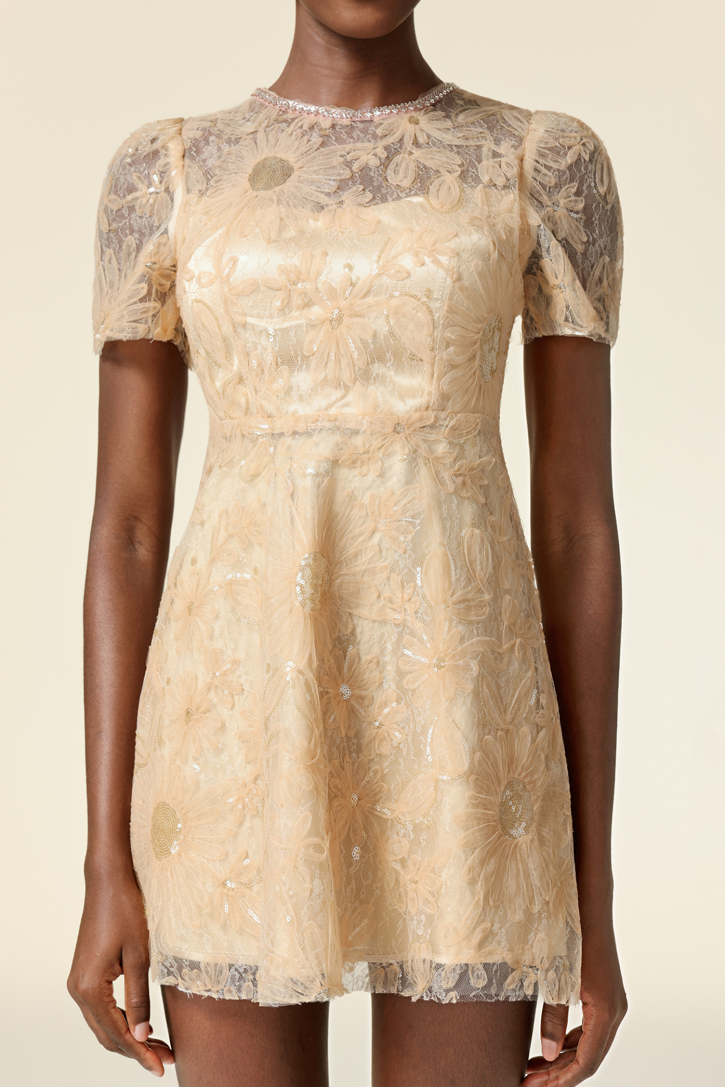 Grinin Round Neck Short Sleeves Flowers Mini Dress