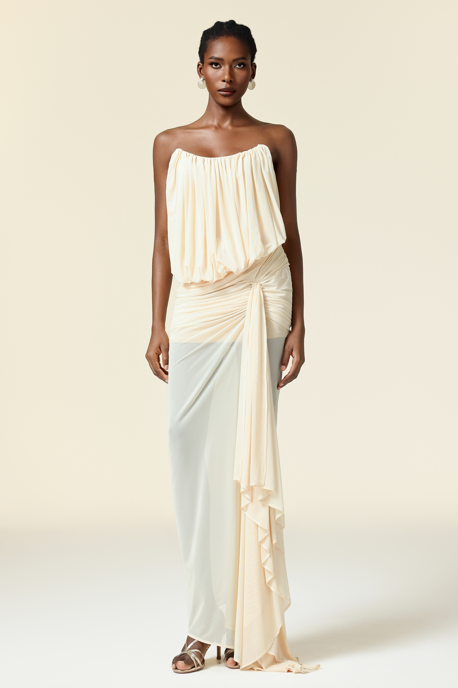 Tusare Sleeveless Folds Asymmetric Maxi Dress