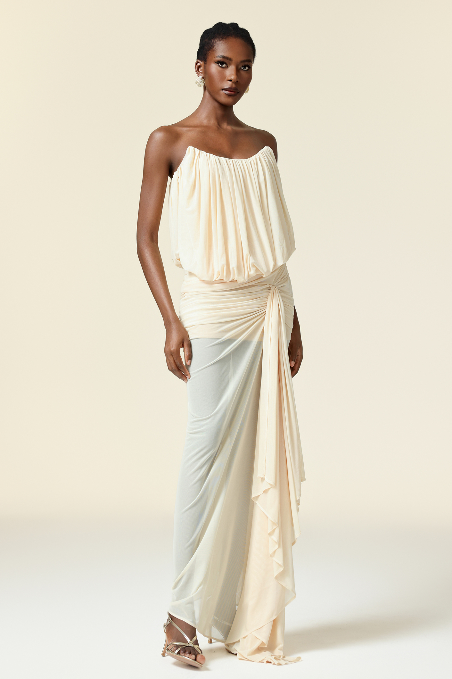 Tusare Sleeveless Folds Asymmetric Maxi Dress