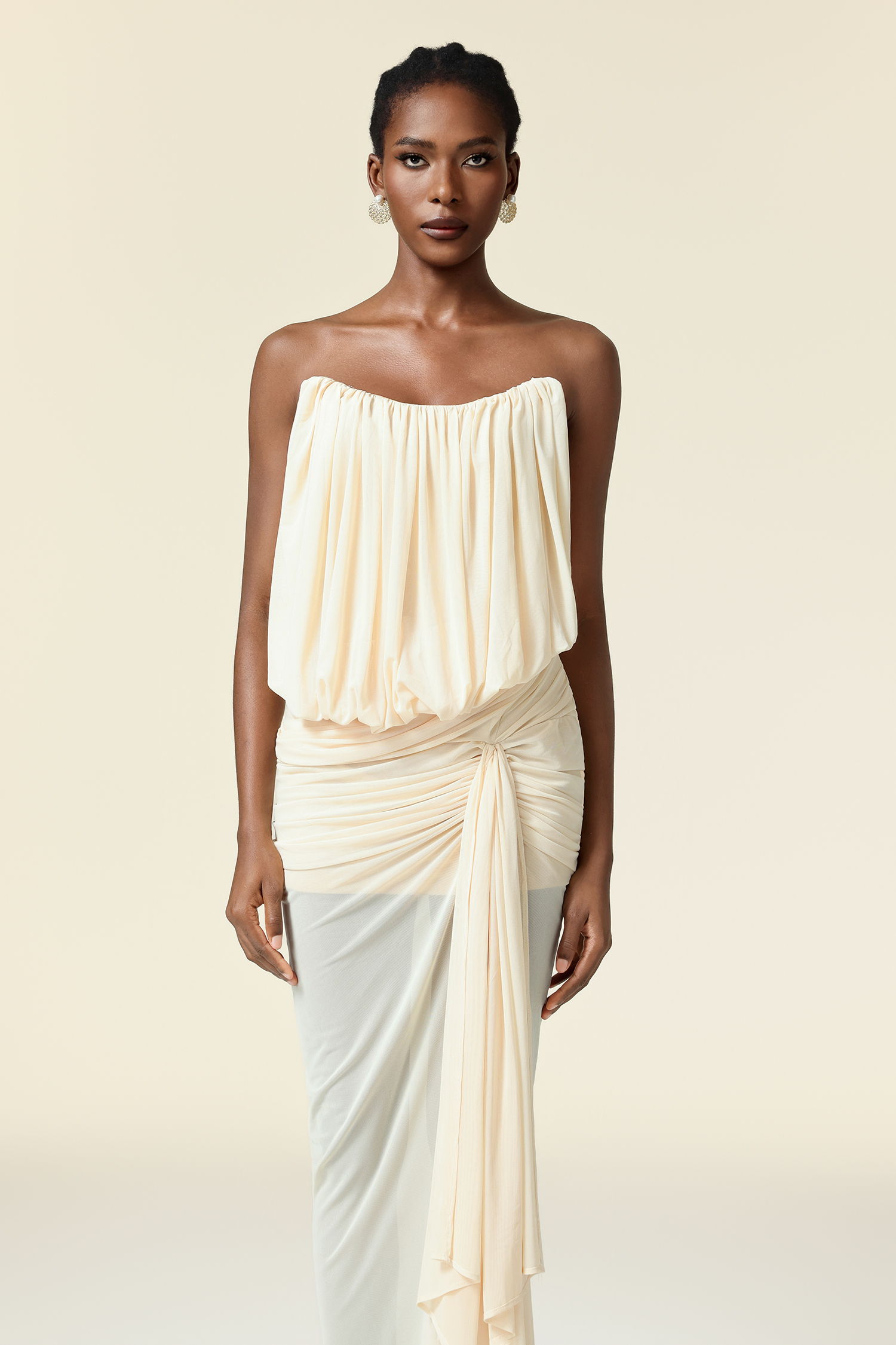 Tusare Sleeveless Folds Asymmetric Maxi Dress
