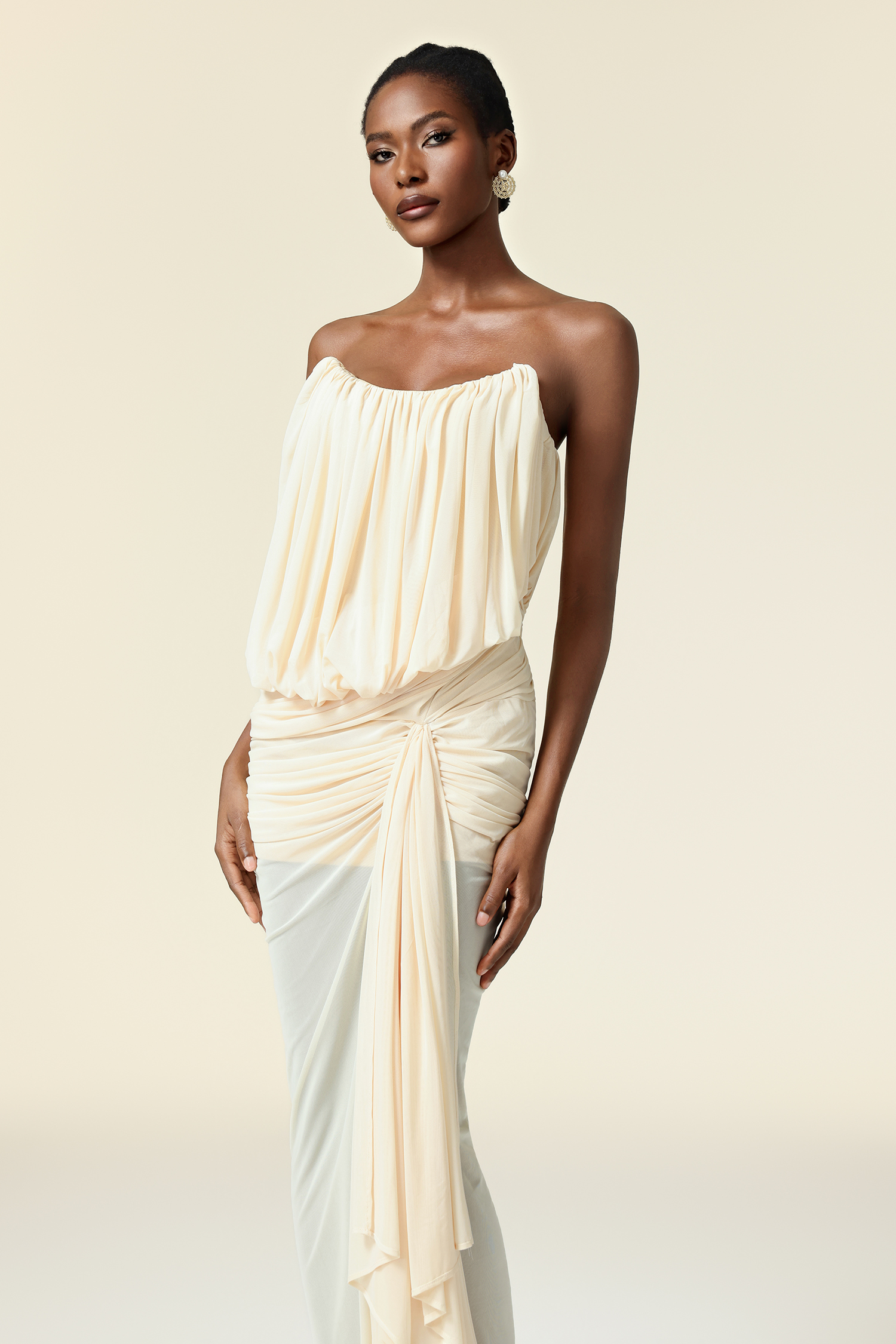 Tusare Sleeveless Folds Asymmetric Maxi Dress
