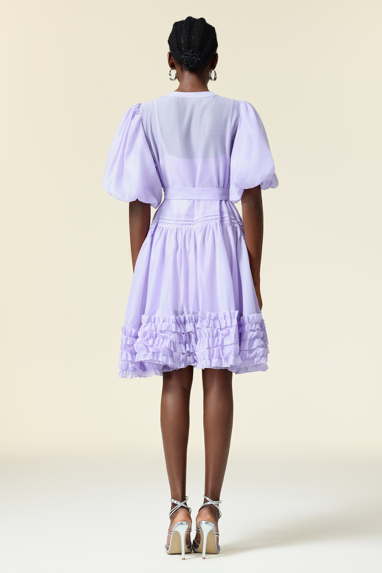 Xapana Round Neck Puff Sleeve Folds Mini Dress