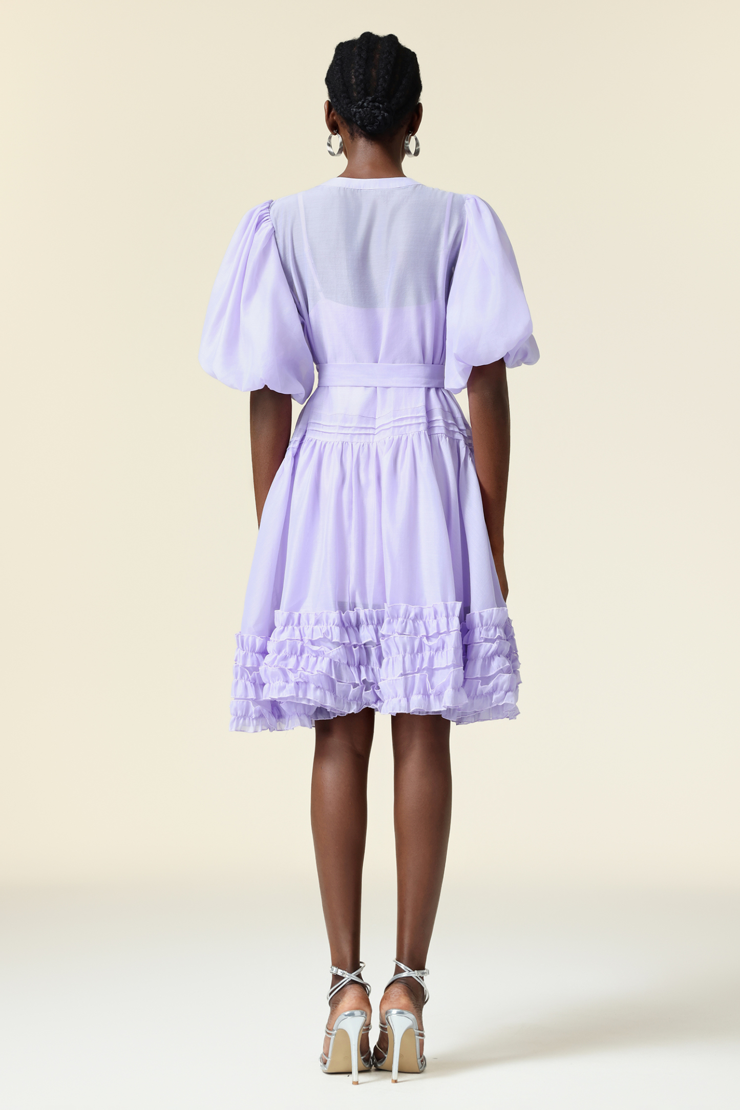 Xapana Round Neck Puff Sleeve Folds Mini Dress