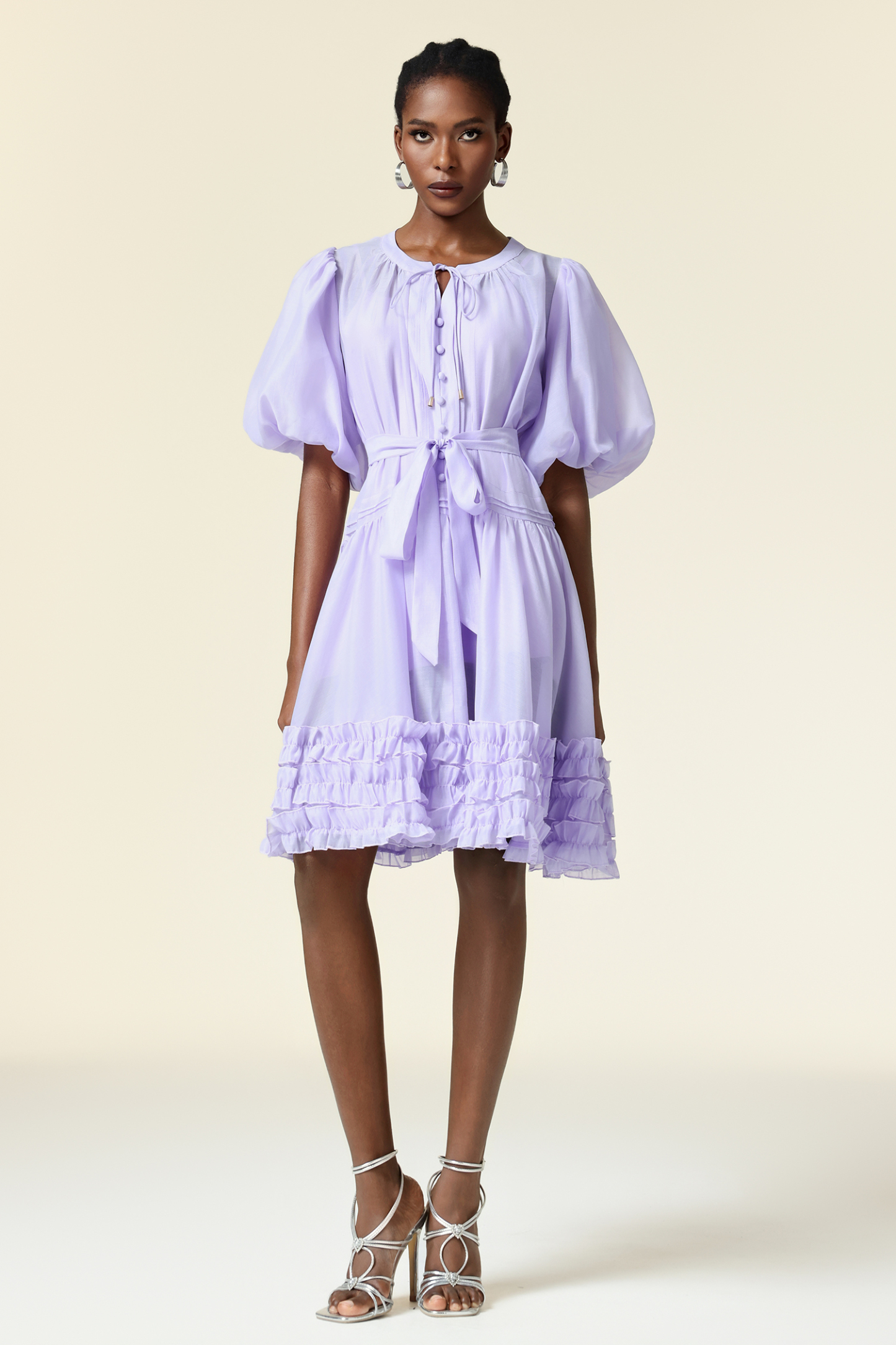 Xapana Round Neck Puff Sleeve Folds Mini Dress