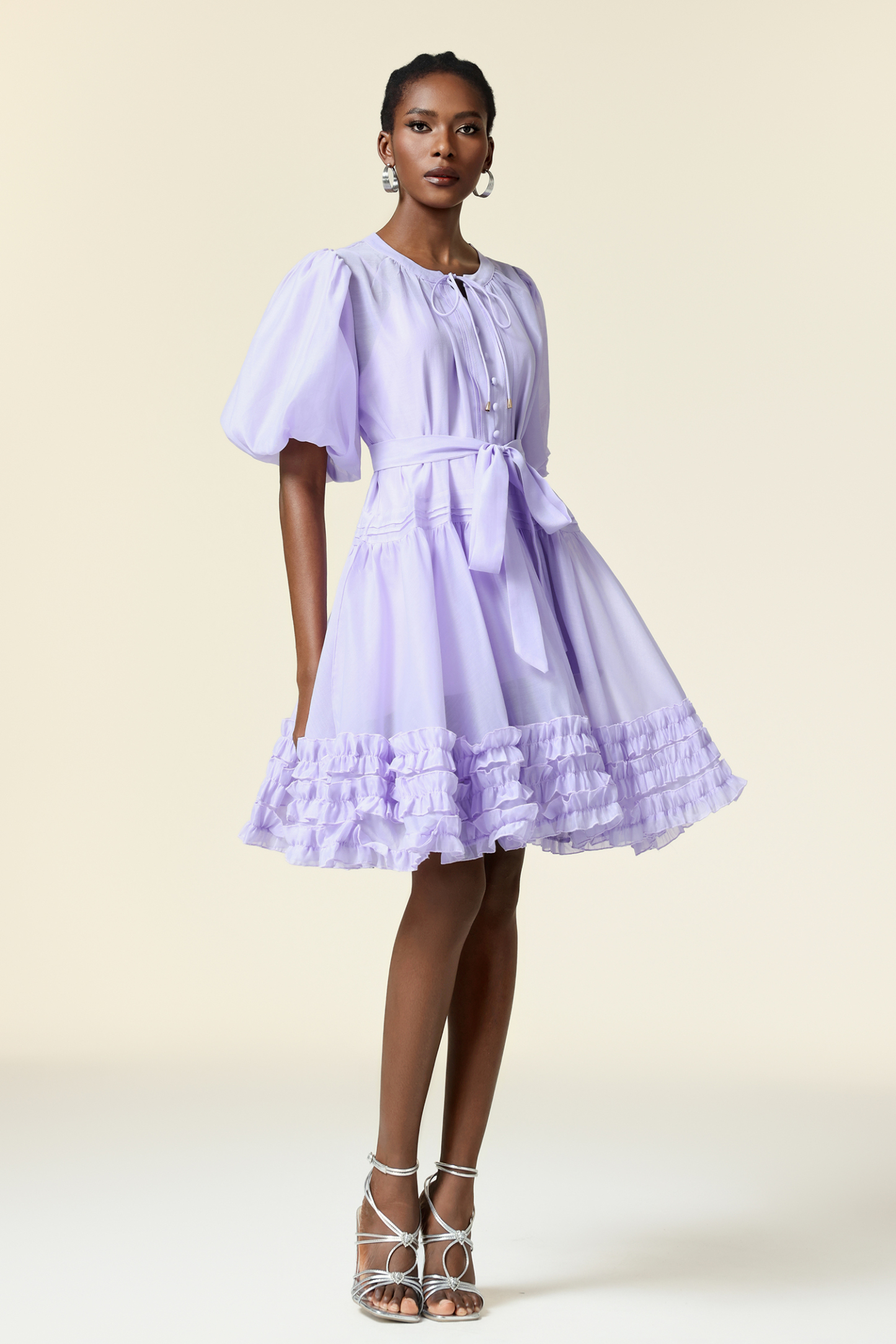 Xapana Round Neck Puff Sleeve Folds Mini Dress