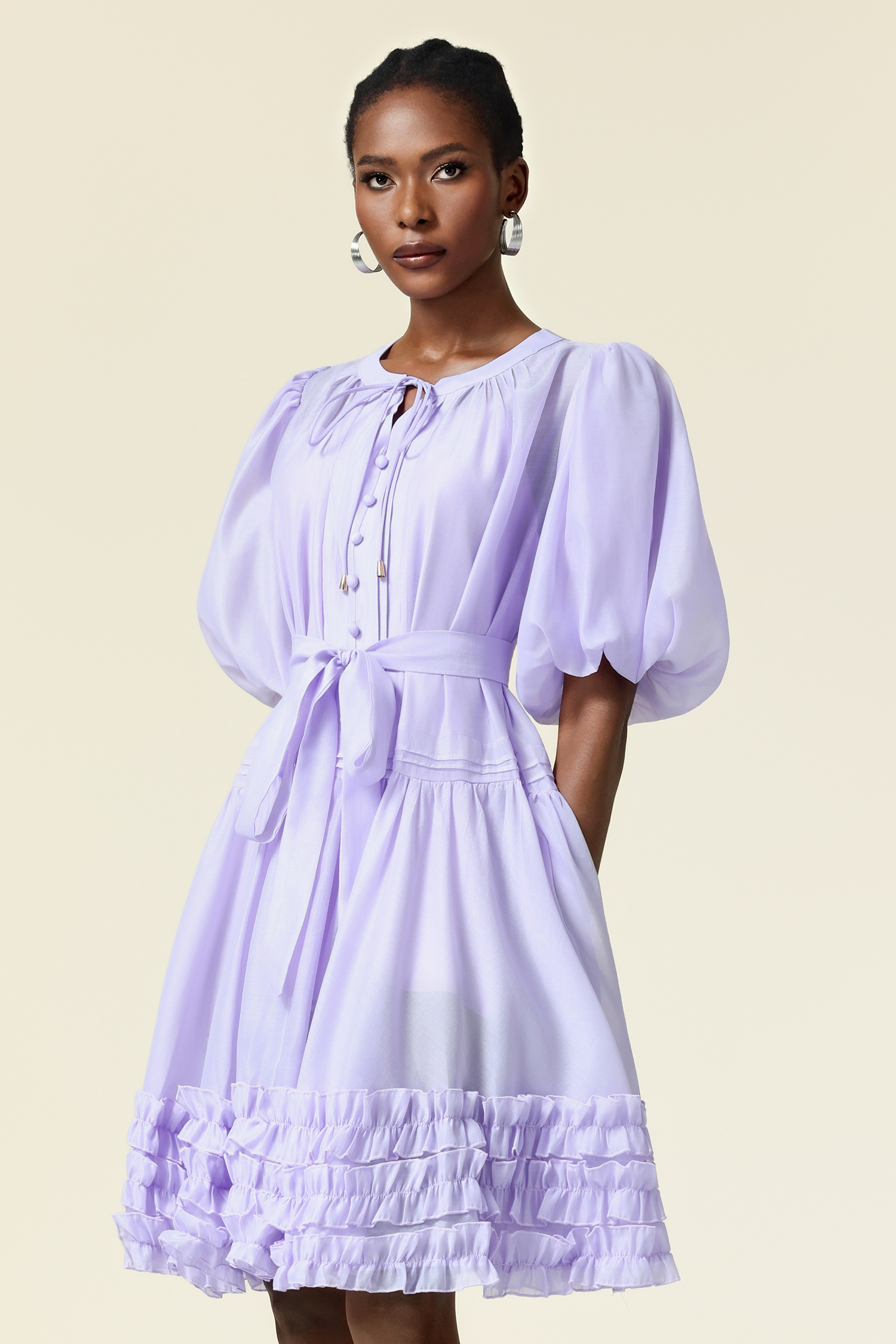 Xapana Round Neck Puff Sleeve Folds Mini Dress