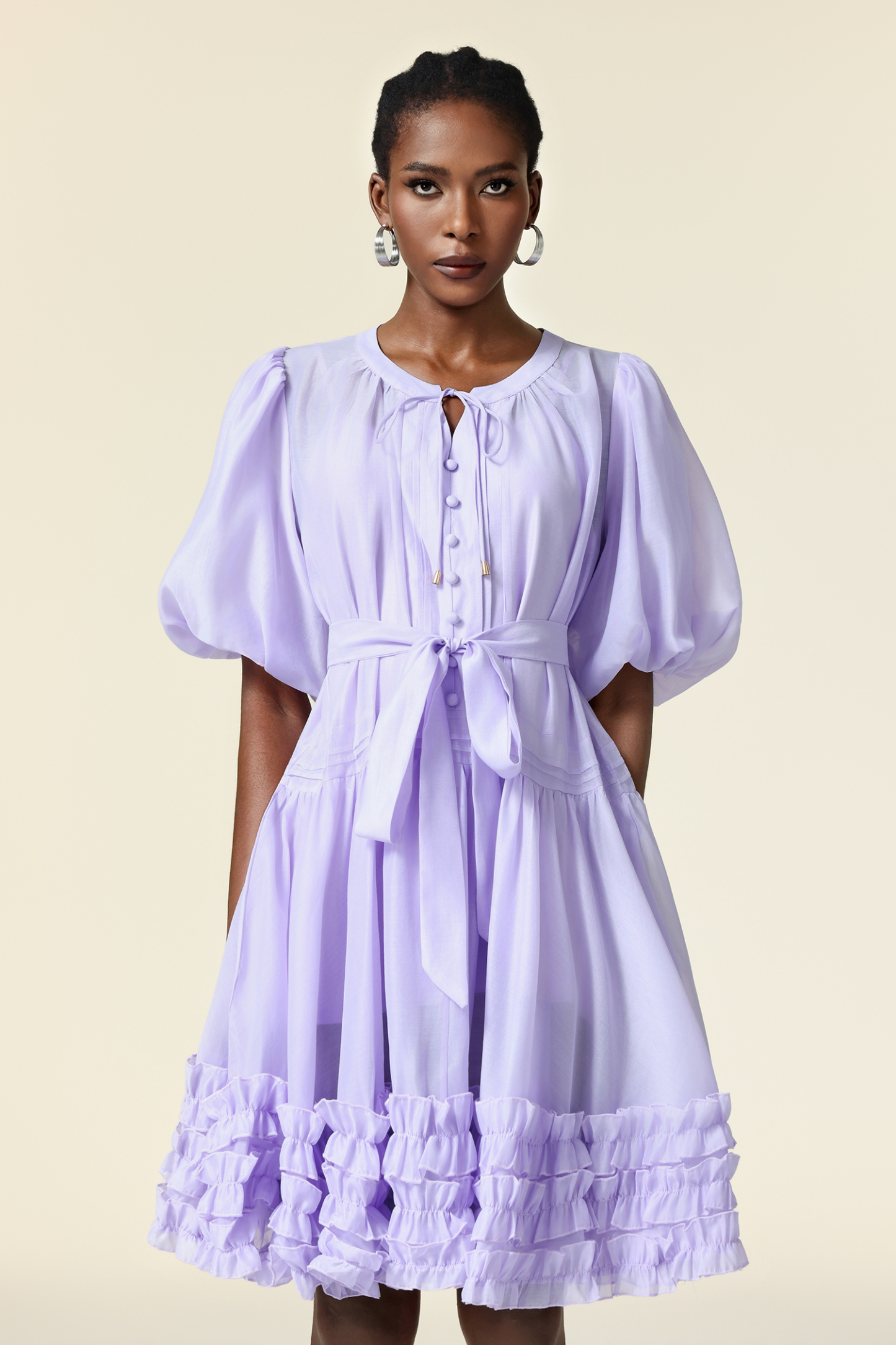 Xapana Round Neck Puff Sleeve Folds Mini Dress