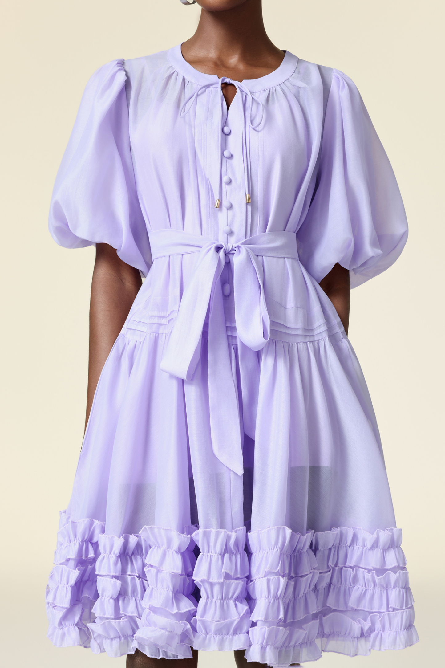 Xapana Round Neck Puff Sleeve Folds Mini Dress