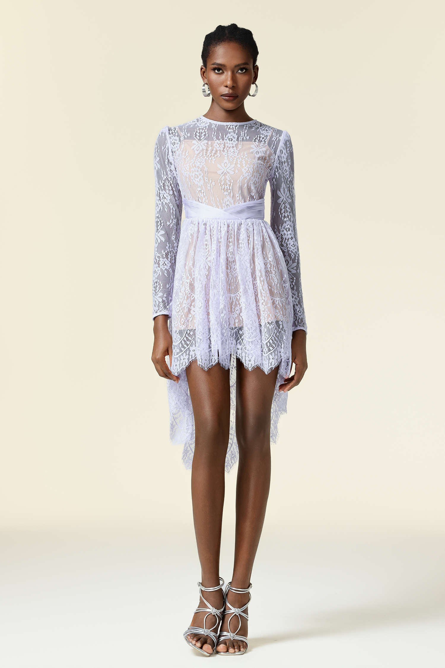 Twyla Round Neck Lace Flowers Long Sleeves Mini Dress