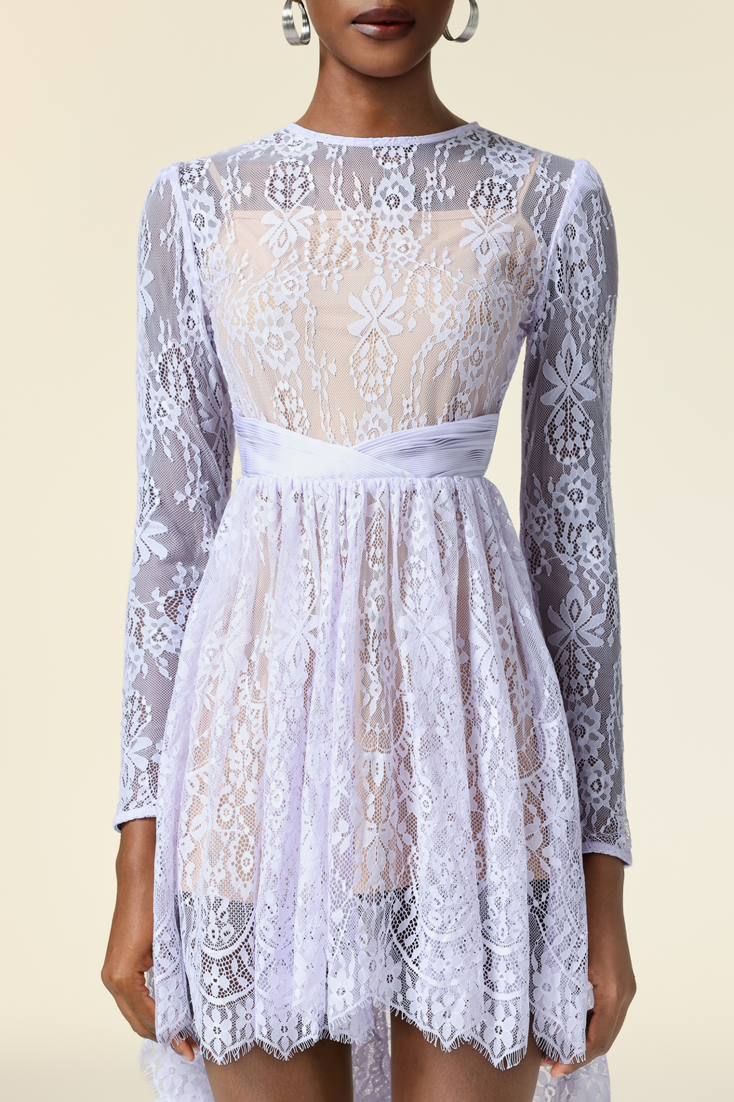 Twyla Round Neck Lace Flowers Long Sleeves Mini Dress