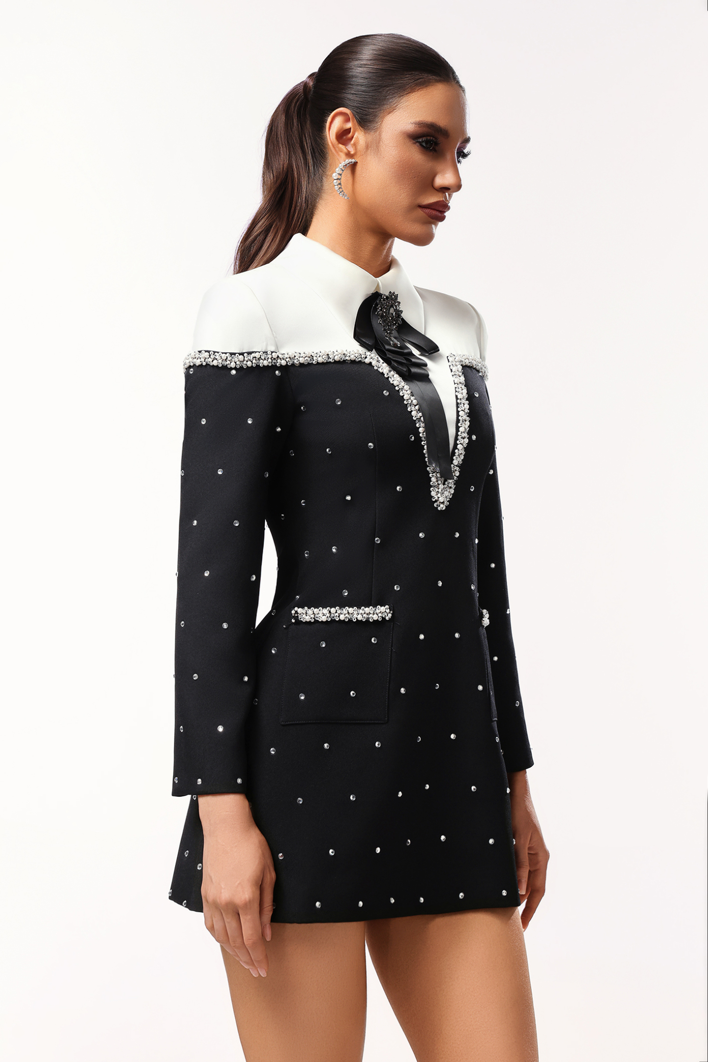 Daona Long Sleeves Diamond Pearl Mini Dress