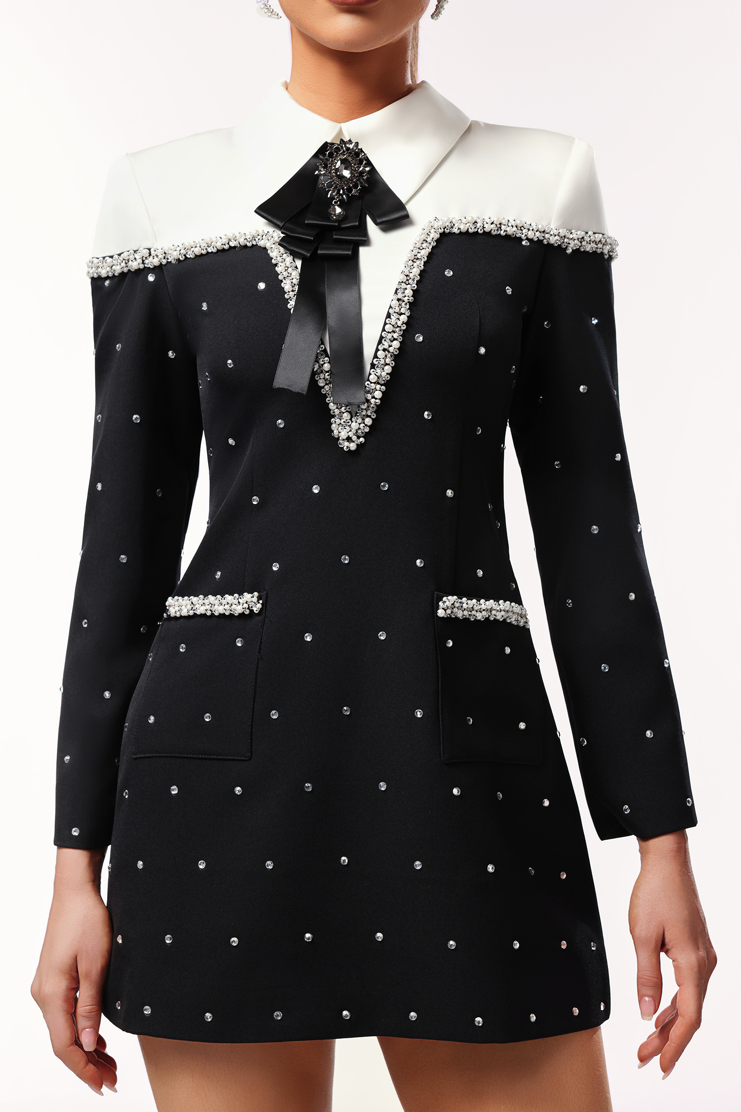 Daona Long Sleeves Diamond Pearl Mini Dress