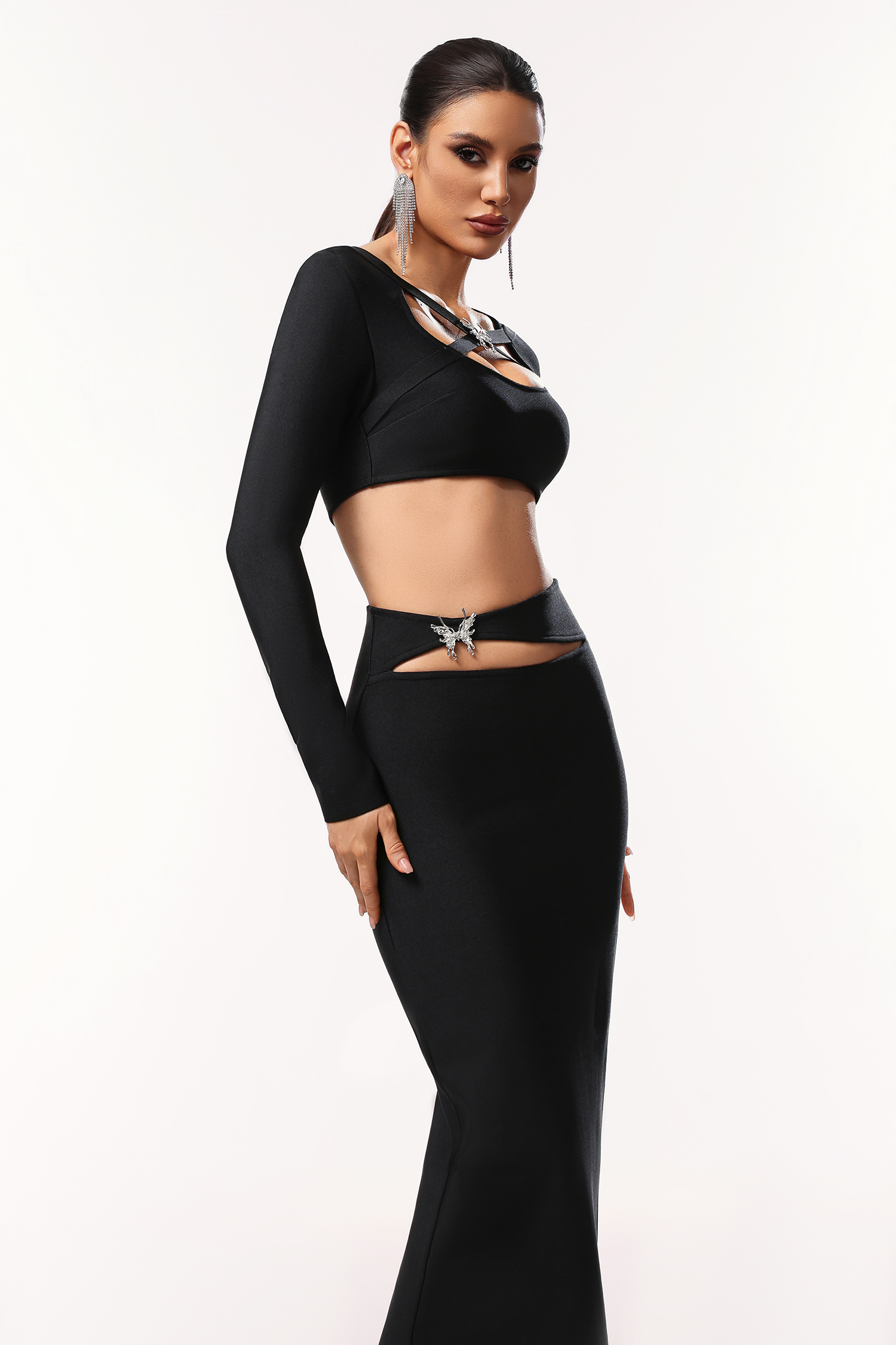 Susan Long Sleeves Hollow Out Butterfly Bandage Maxi Two-Piece Set