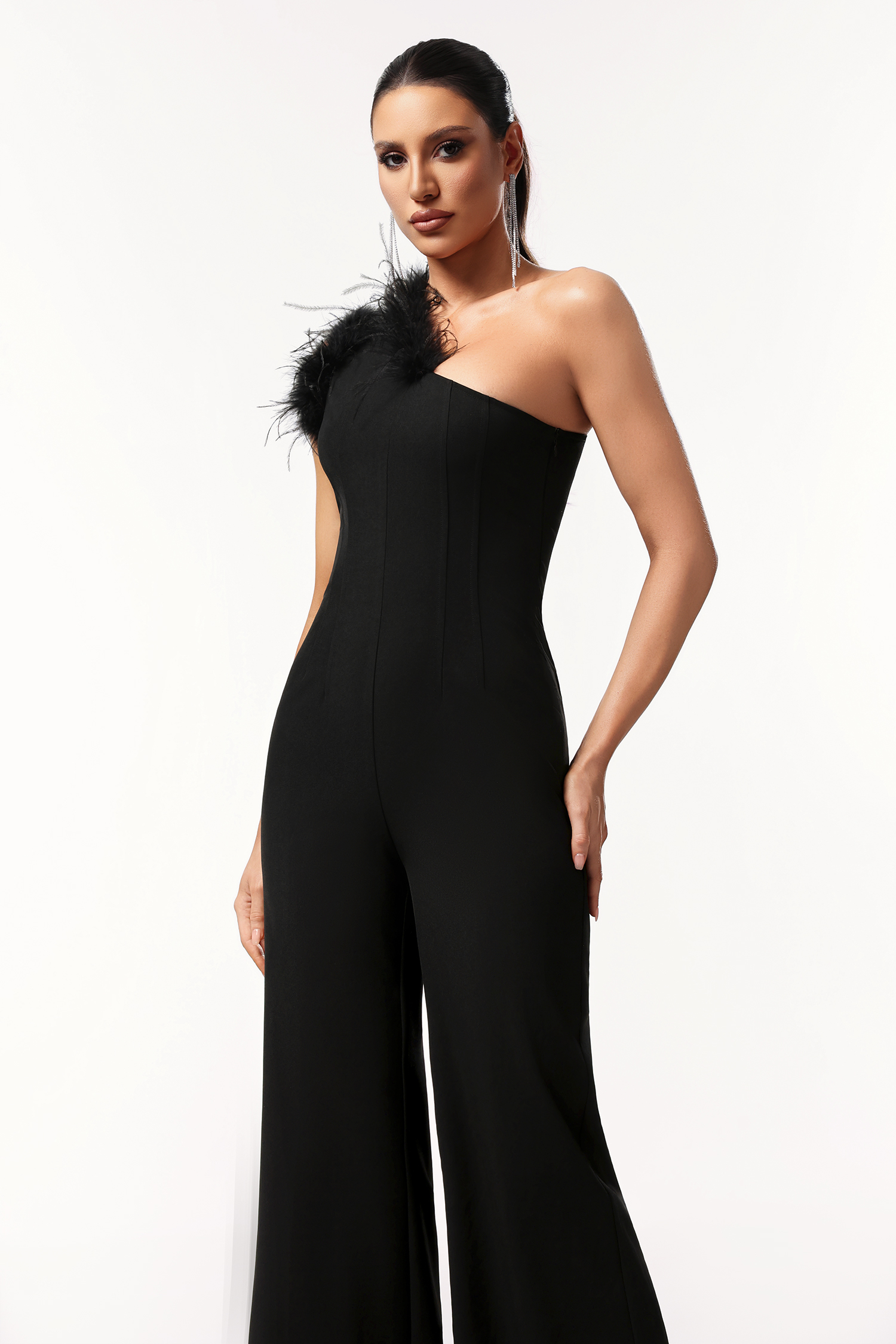 Ueza One Shoulder Sleeveless Feather Maxi Jumpsuit