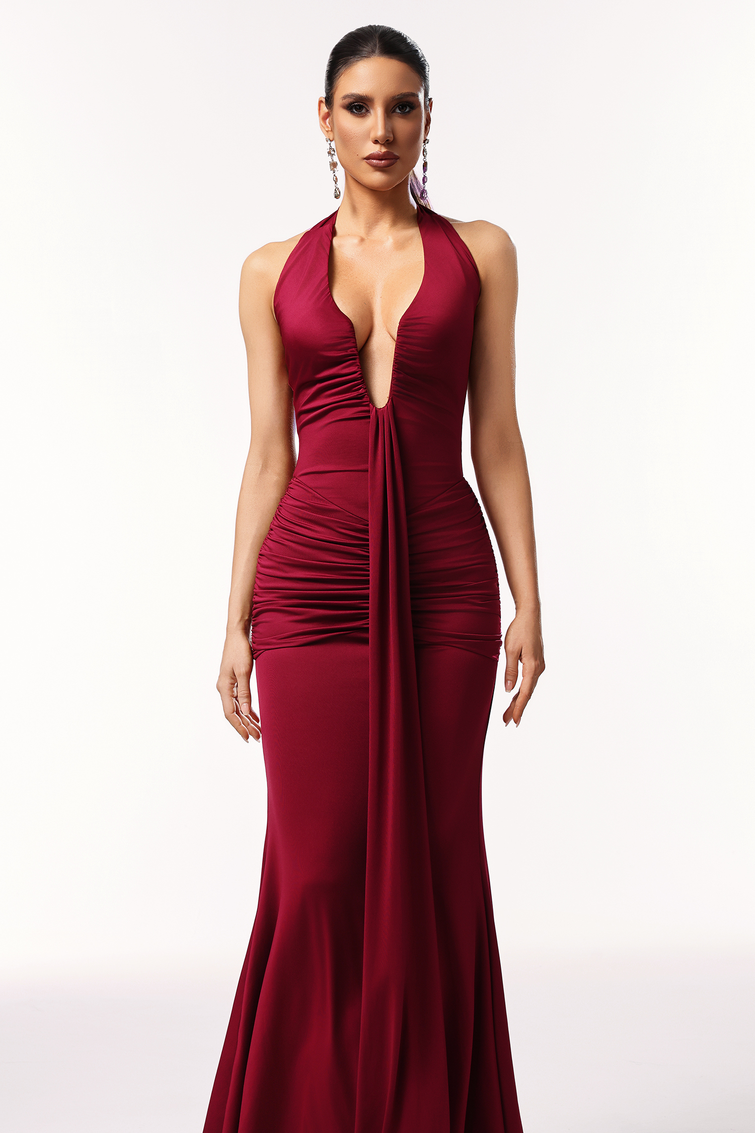 Elsie Halter Sleeveless V-Neck Wrinkles Maxi Dress