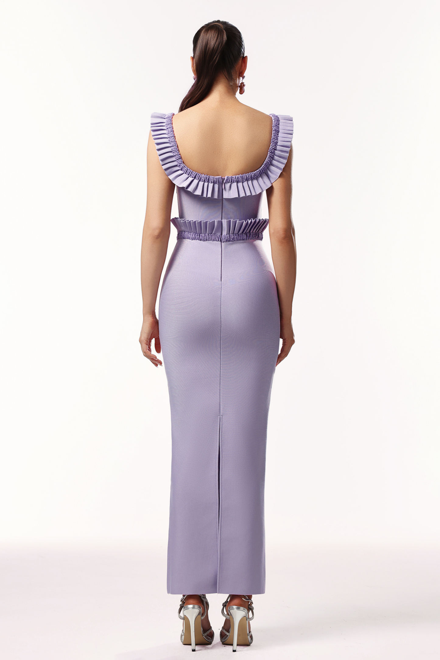 Delia Sleeveless Ruffled Edge Beadwork Bandage Maxi Dress