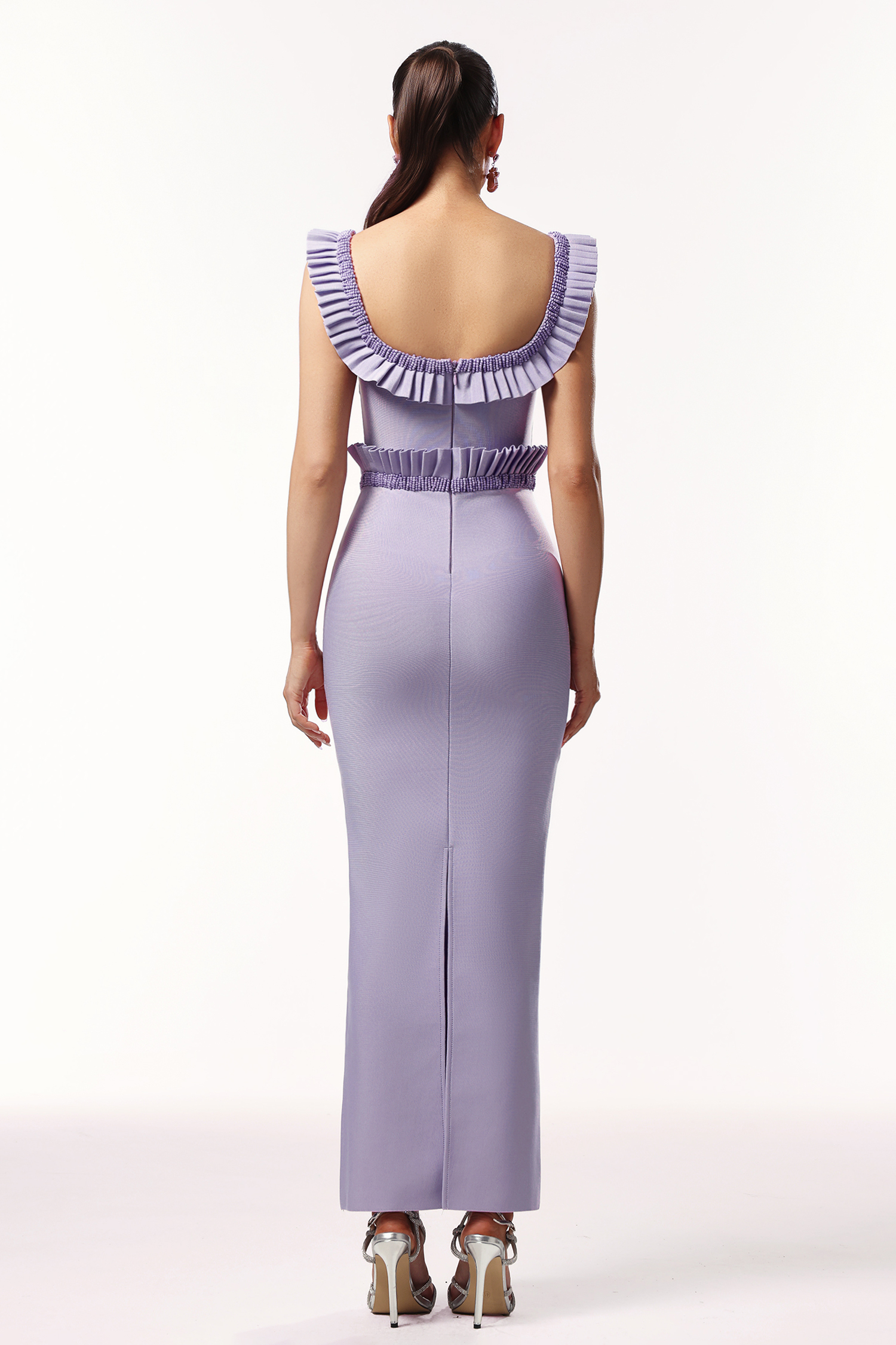 Delia Sleeveless Ruffled Edge Beadwork Bandage Maxi Dress