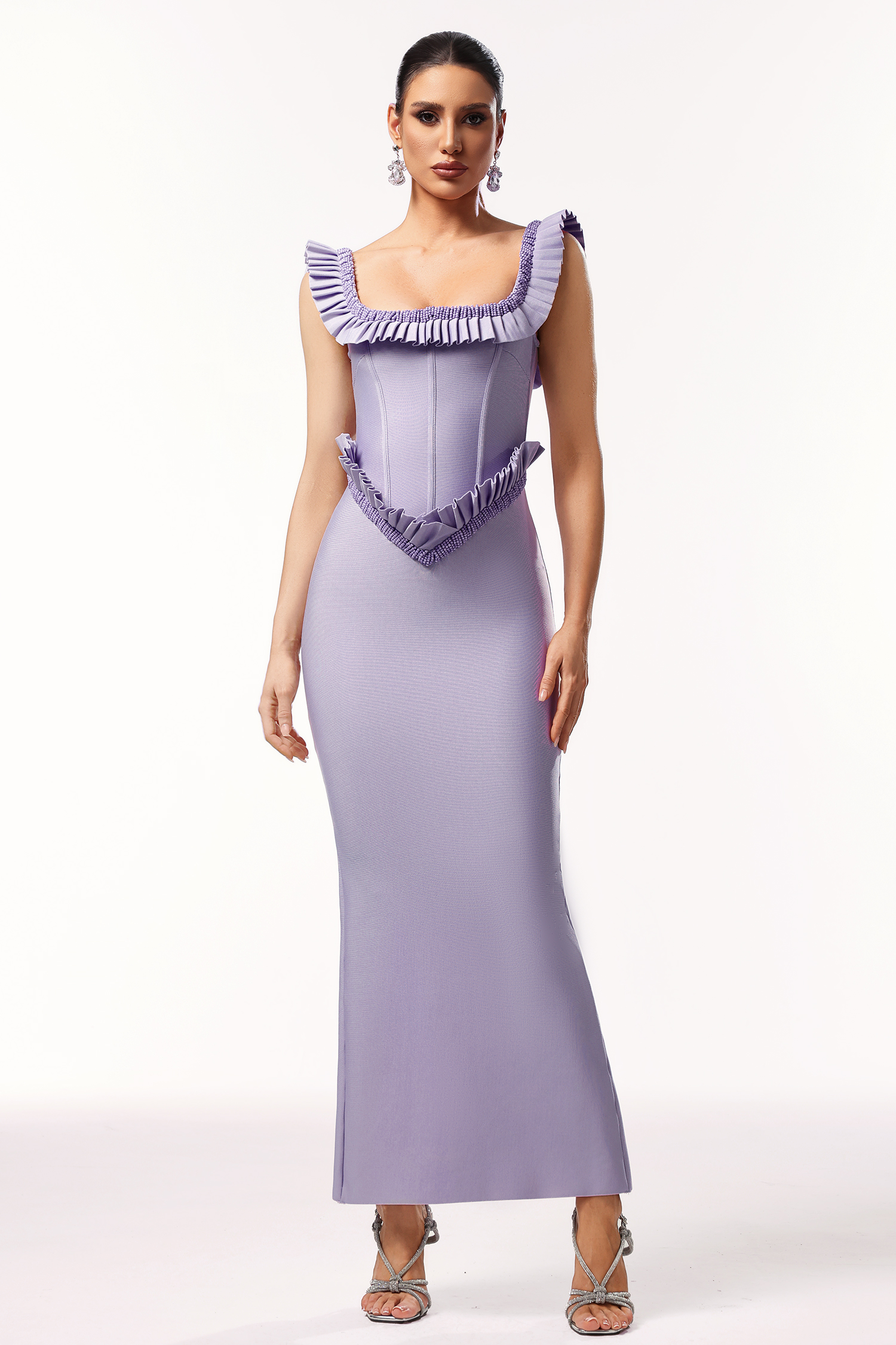 Delia Sleeveless Ruffled Edge Beadwork Bandage Maxi Dress