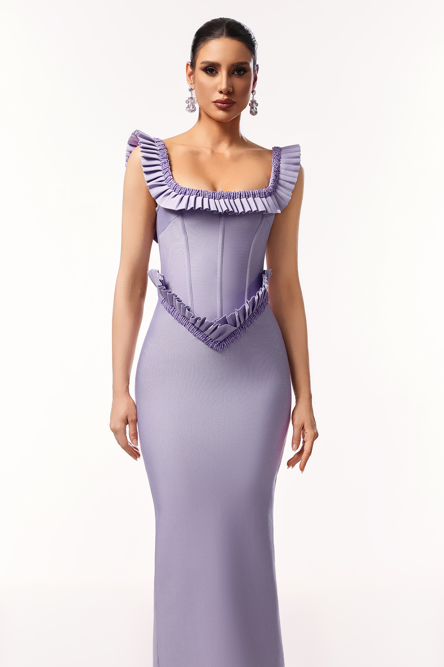 Delia Sleeveless Ruffled Edge Beadwork Bandage Maxi Dress