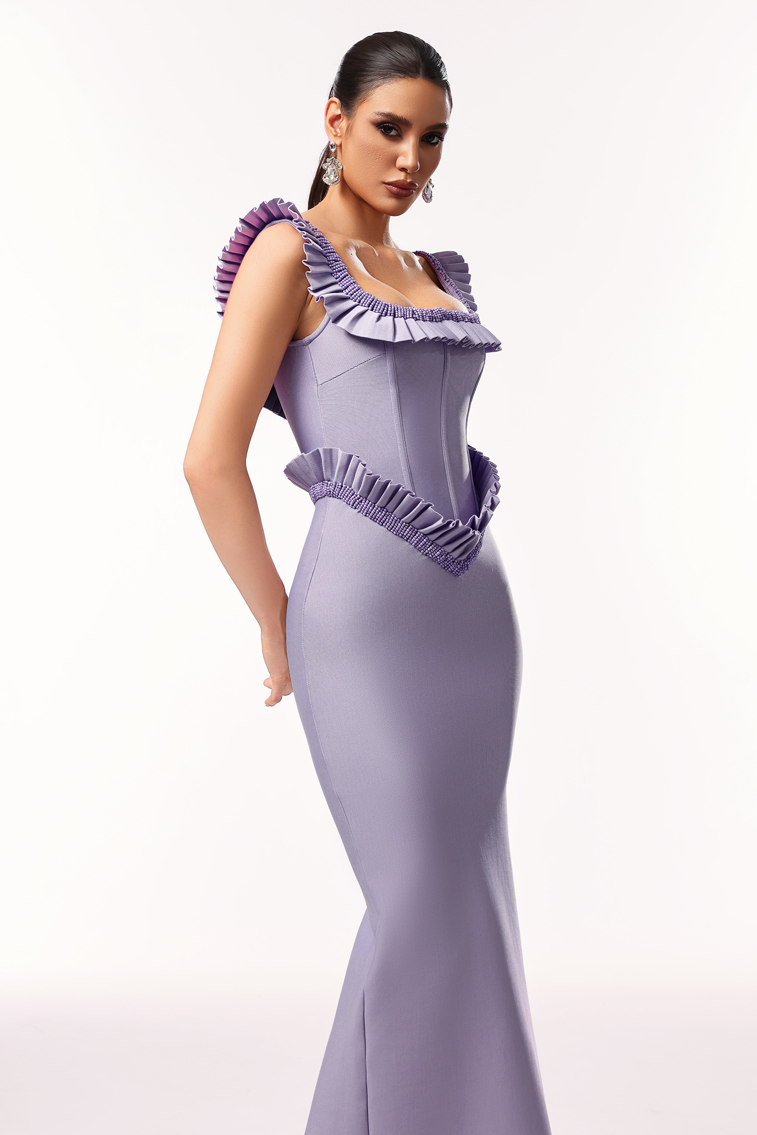 Delia Sleeveless Ruffled Edge Beadwork Bandage Maxi Dress