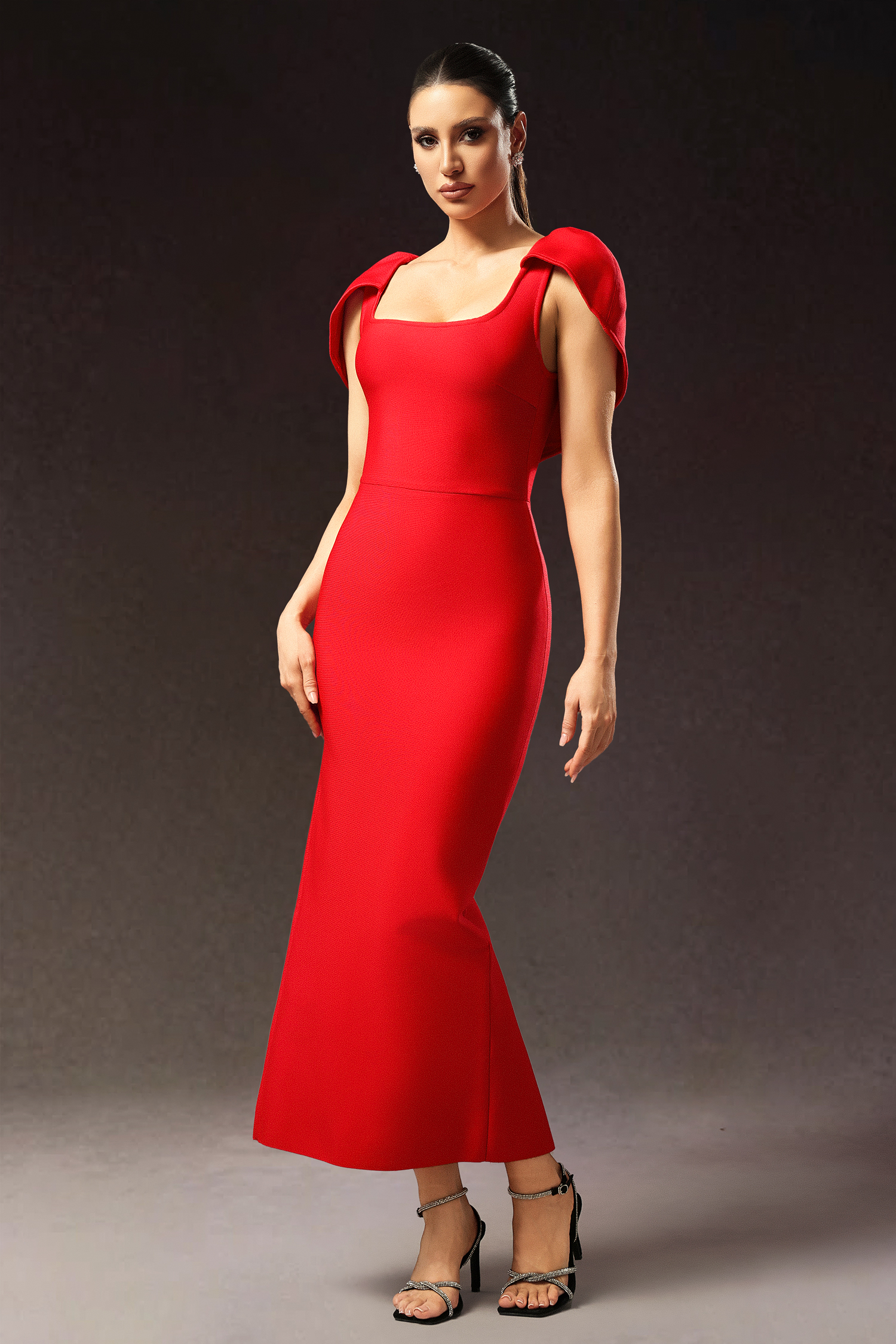 Vali Short Sleeve Square Neckline Split Bandage Maxi Dress