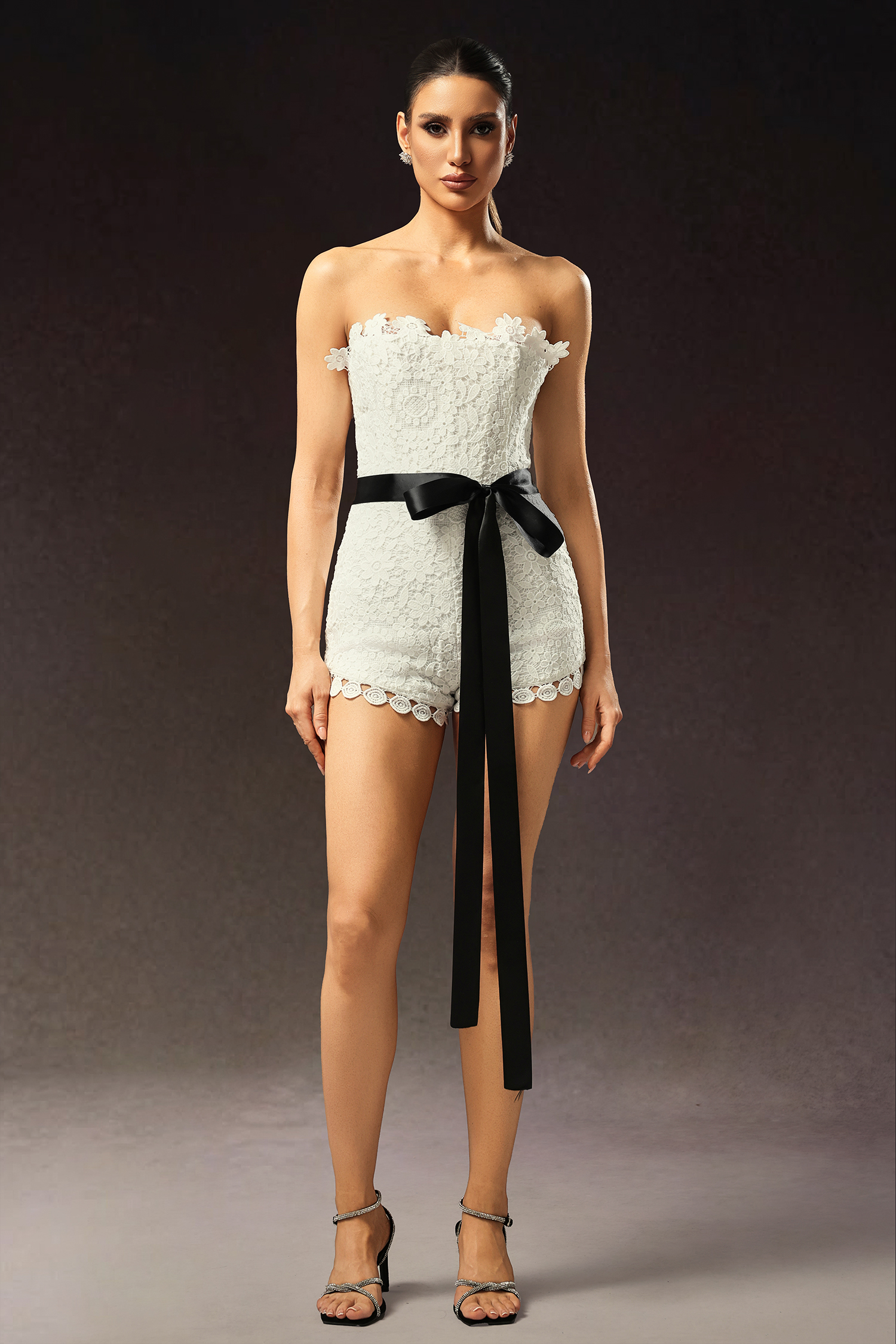 Lanla Sleeveless Flower Lace Ribbon Mini Jumpsuit