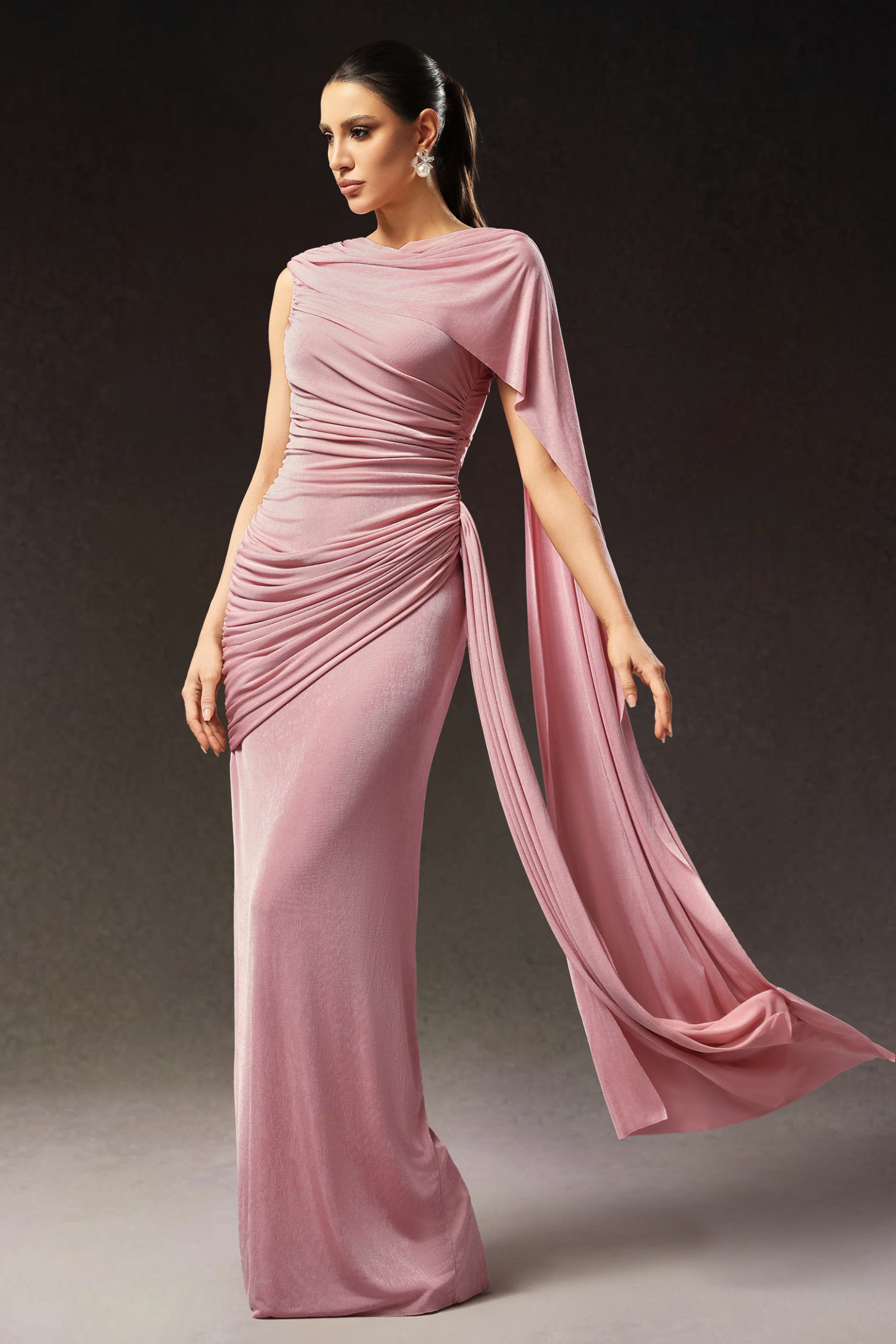 Yetta Sleeveless Wrinkle Shawl Ribbon Maxi Dress