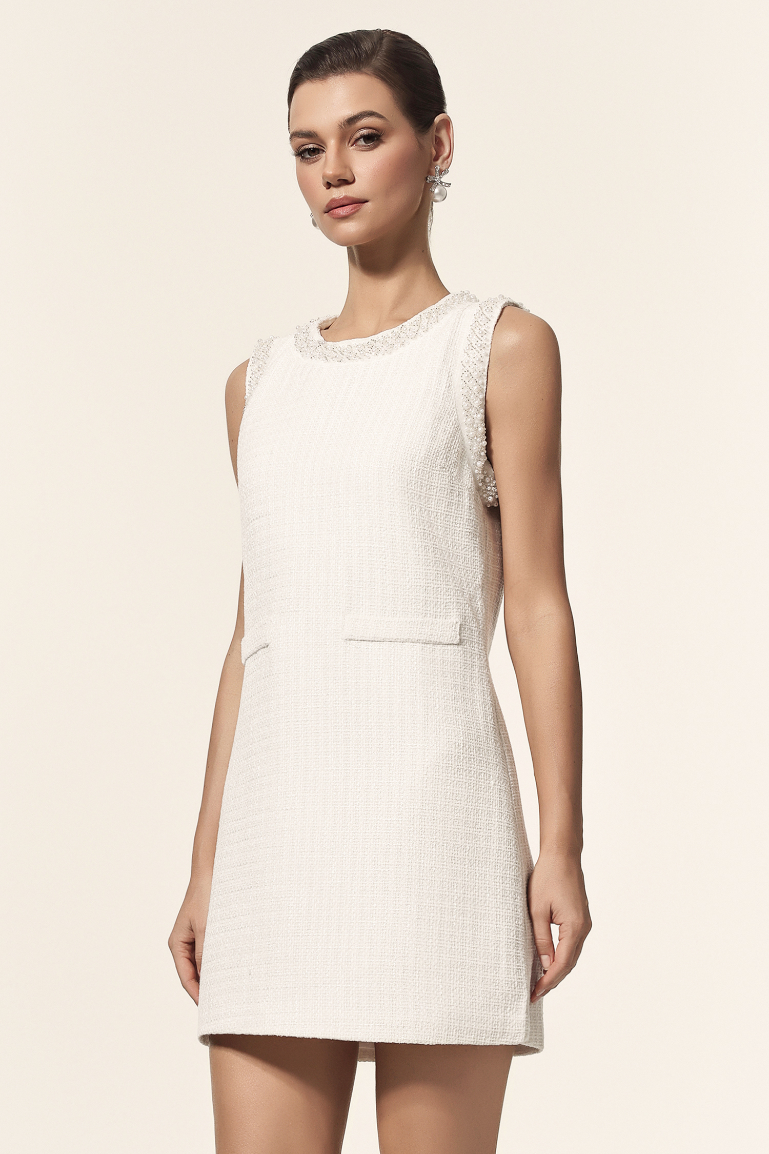 Saha Round Neck Sleeveless Pearl Mini Dress